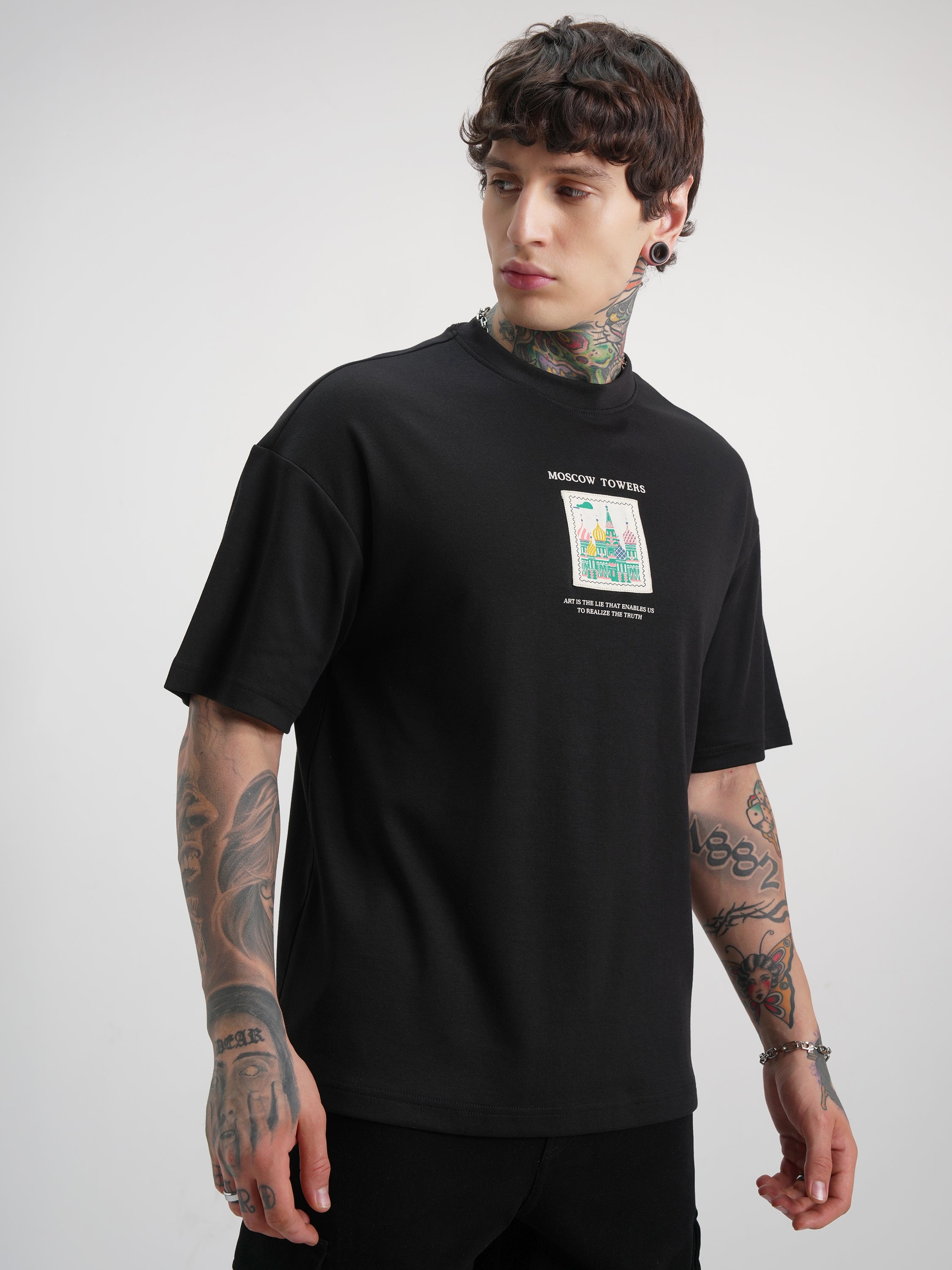 Highlander Men Black Printed Round Neck Oversized Fit T-Shirt - Black - Image 6