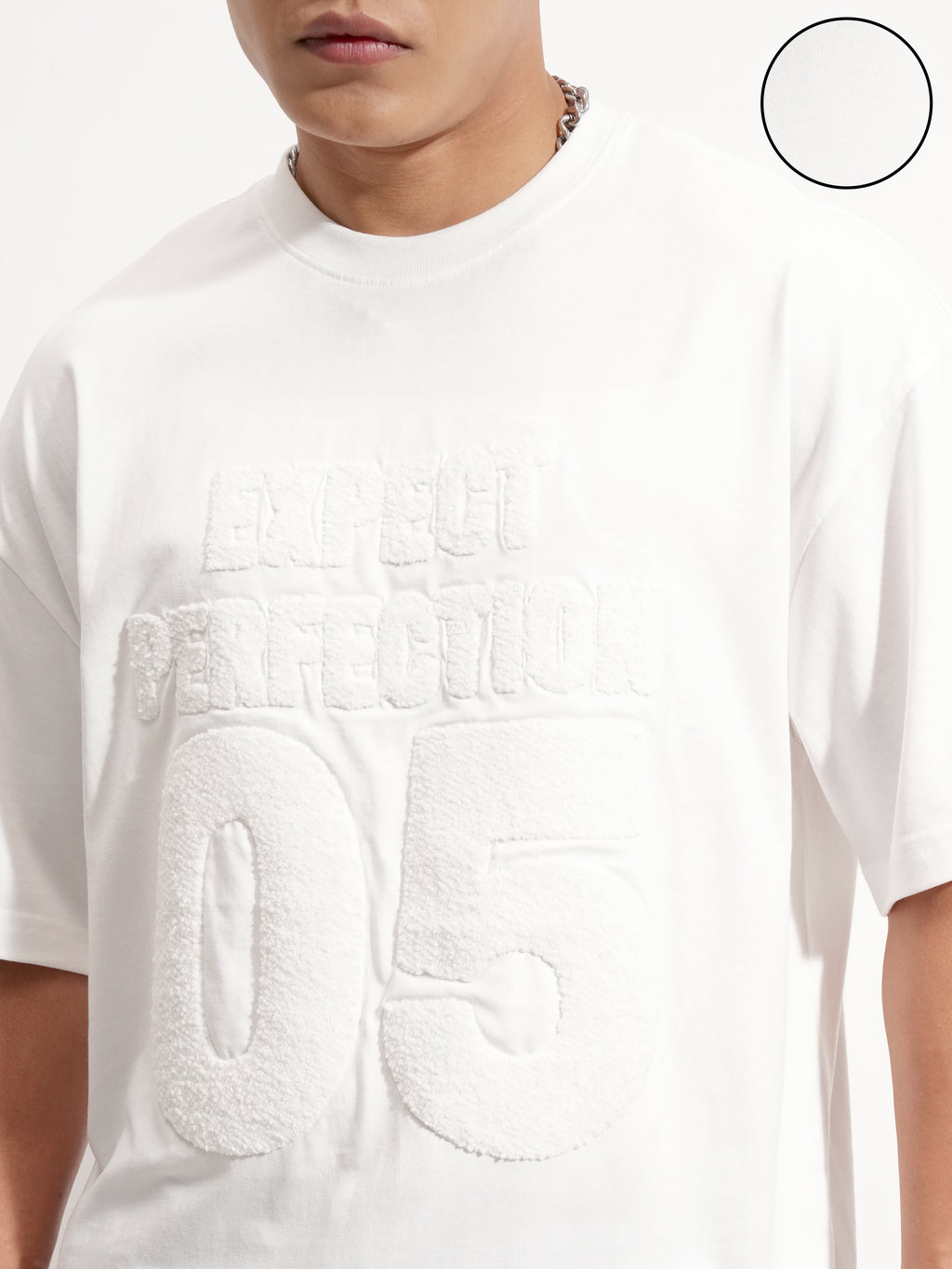 Highlander Men White Applique Round Neck Oversized Fit T-Shirt - White - Image 5