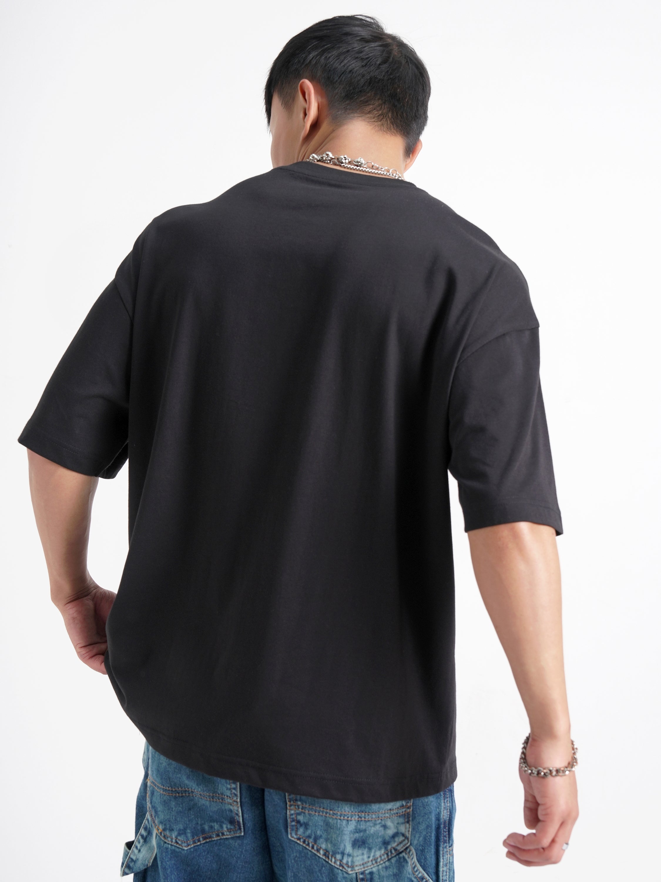 Highlander Men Black Applique Round Neck Oversized Fit T-Shirt - Black - Image 3