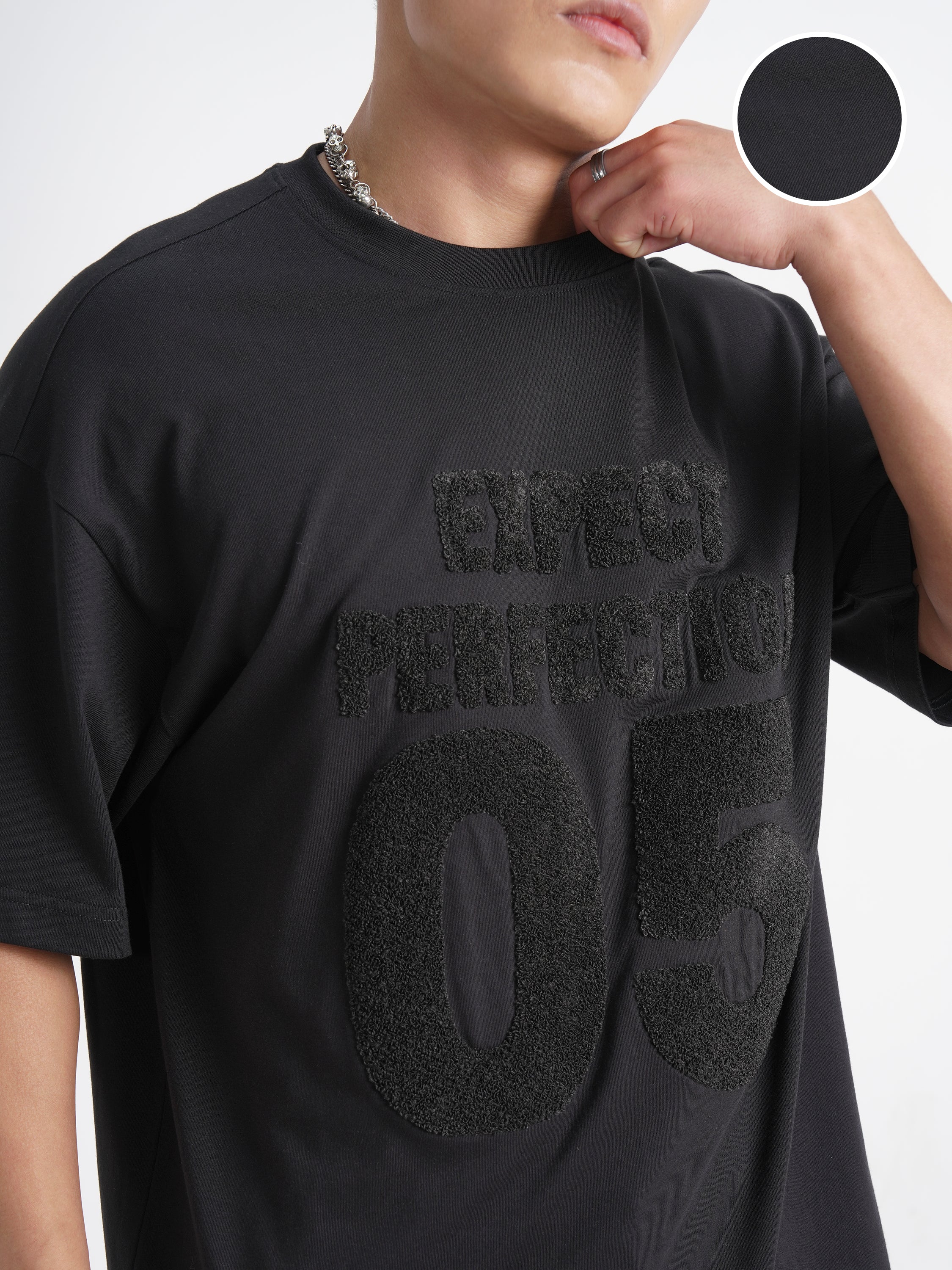 Highlander Men Black Applique Round Neck Oversized Fit T-Shirt - Black - Image 5