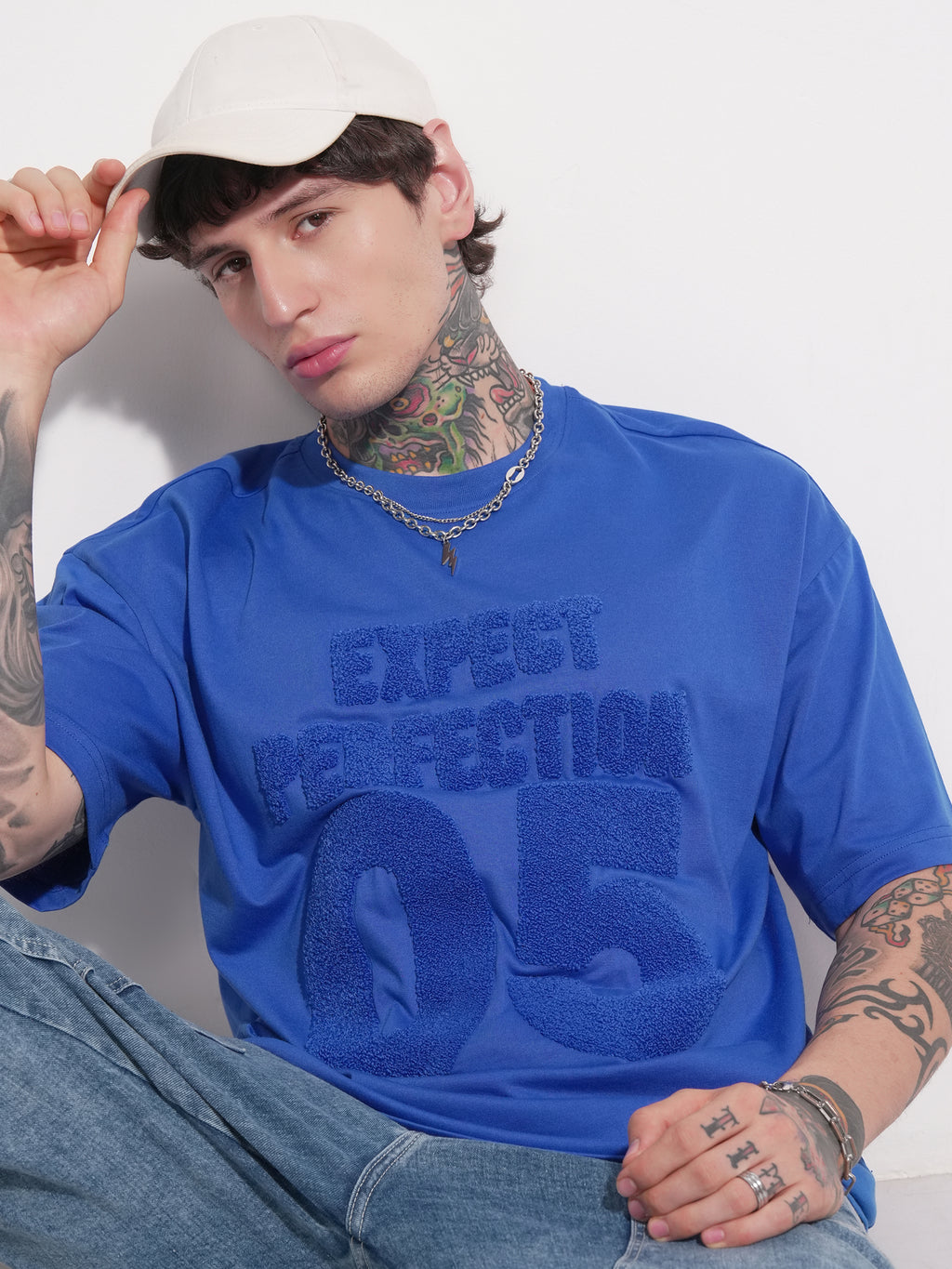Highlander Men Blue Applique Round Neck Oversized Fit T-Shirt - Blue - Image 1