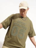 Highlander Men Olive Applique Round Neck Oversized Fit T-Shirt - Olive - Image 1