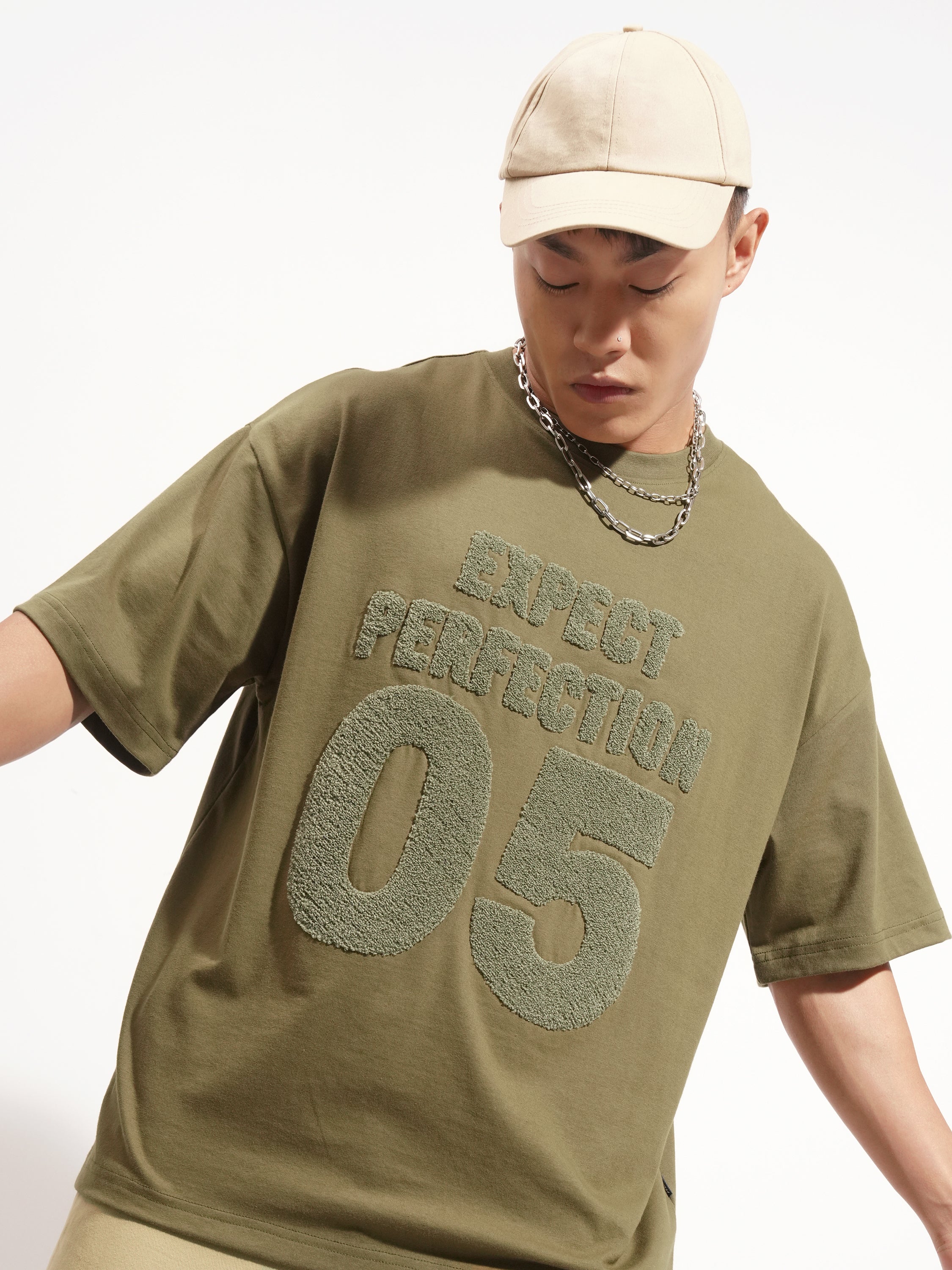 Highlander Men Olive Applique Round Neck Oversized Fit T-Shirt - Olive - Image 1
