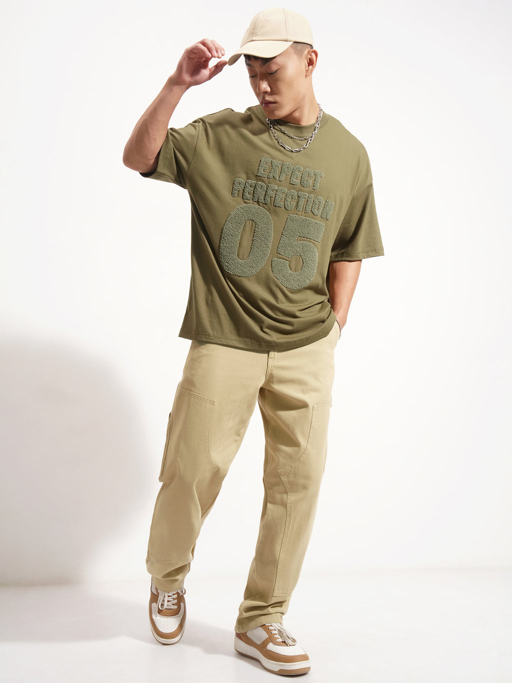 Highlander Men Olive Applique Round Neck Oversized Fit T-Shirt - Olive - Image 2
