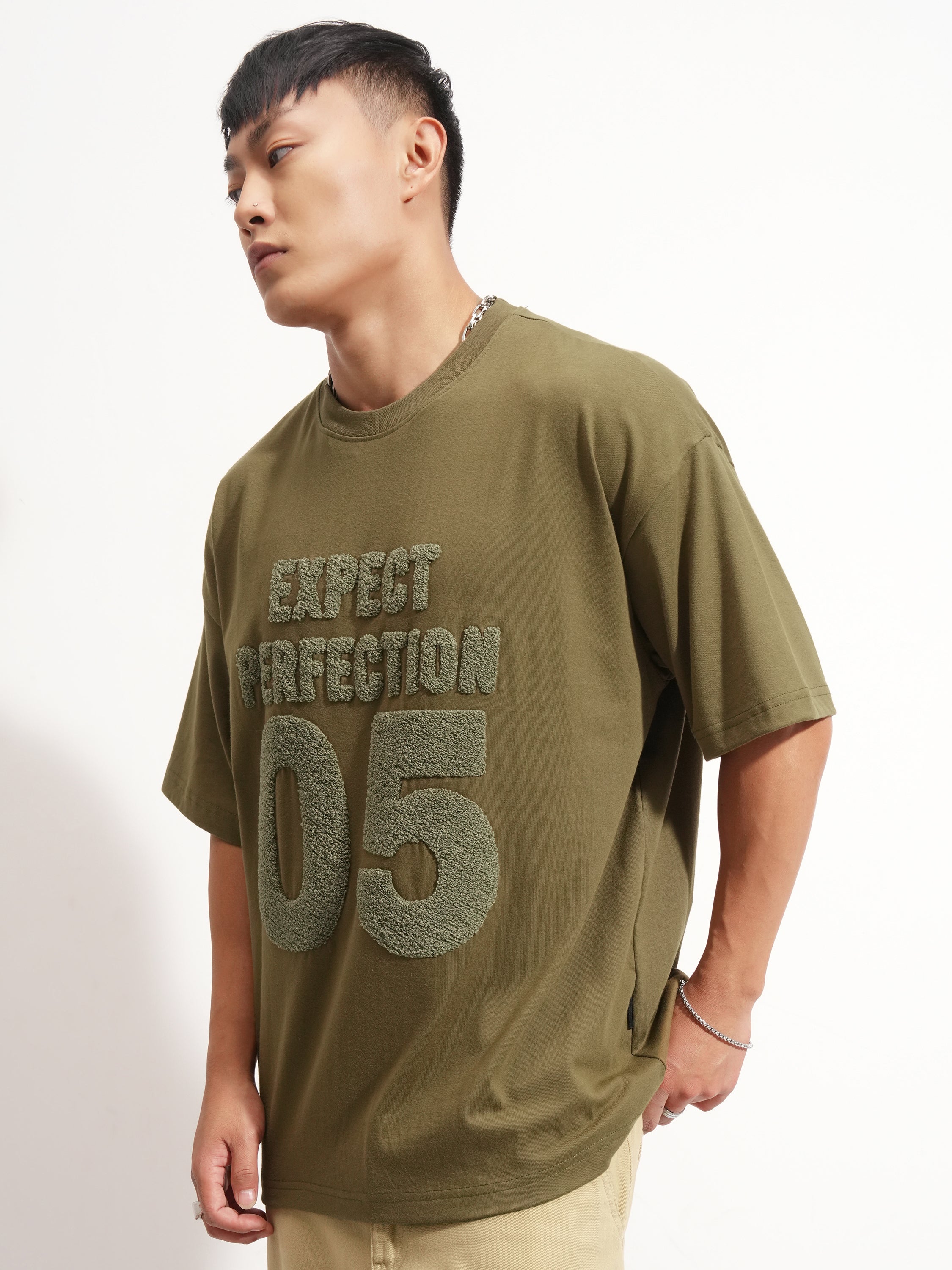 Highlander Men Olive Applique Round Neck Oversized Fit T-Shirt - Olive - Image 4