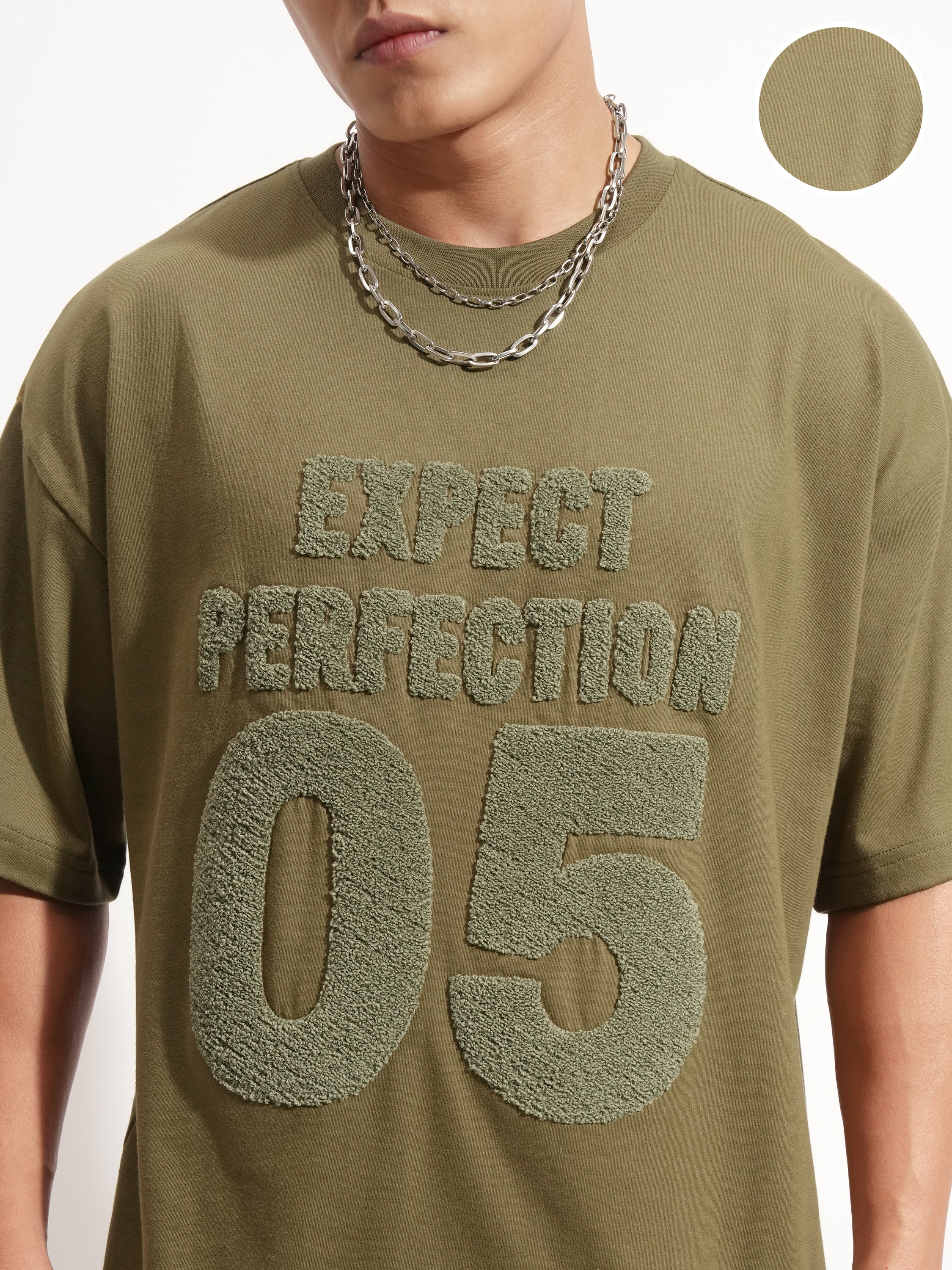Highlander Men Olive Applique Round Neck Oversized Fit T-Shirt - Olive - Image 5