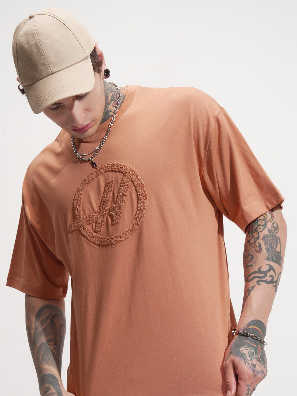Highlander Men Rust Self Design Round Neck Oversized Fit T-Shirt - Rust - Image 1