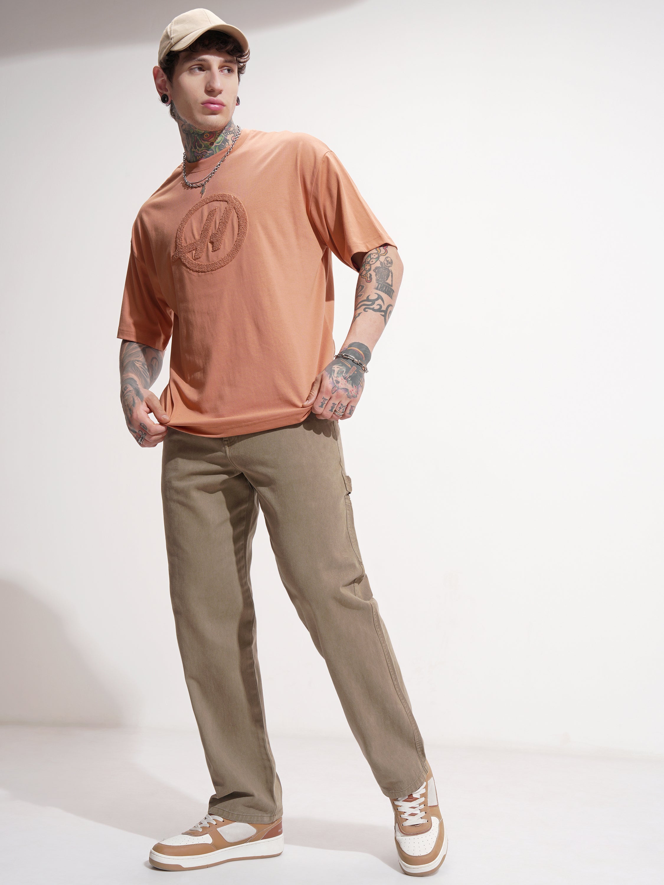 Highlander Men Rust Self Design Round Neck Oversized Fit T-Shirt - Rust - Image 2