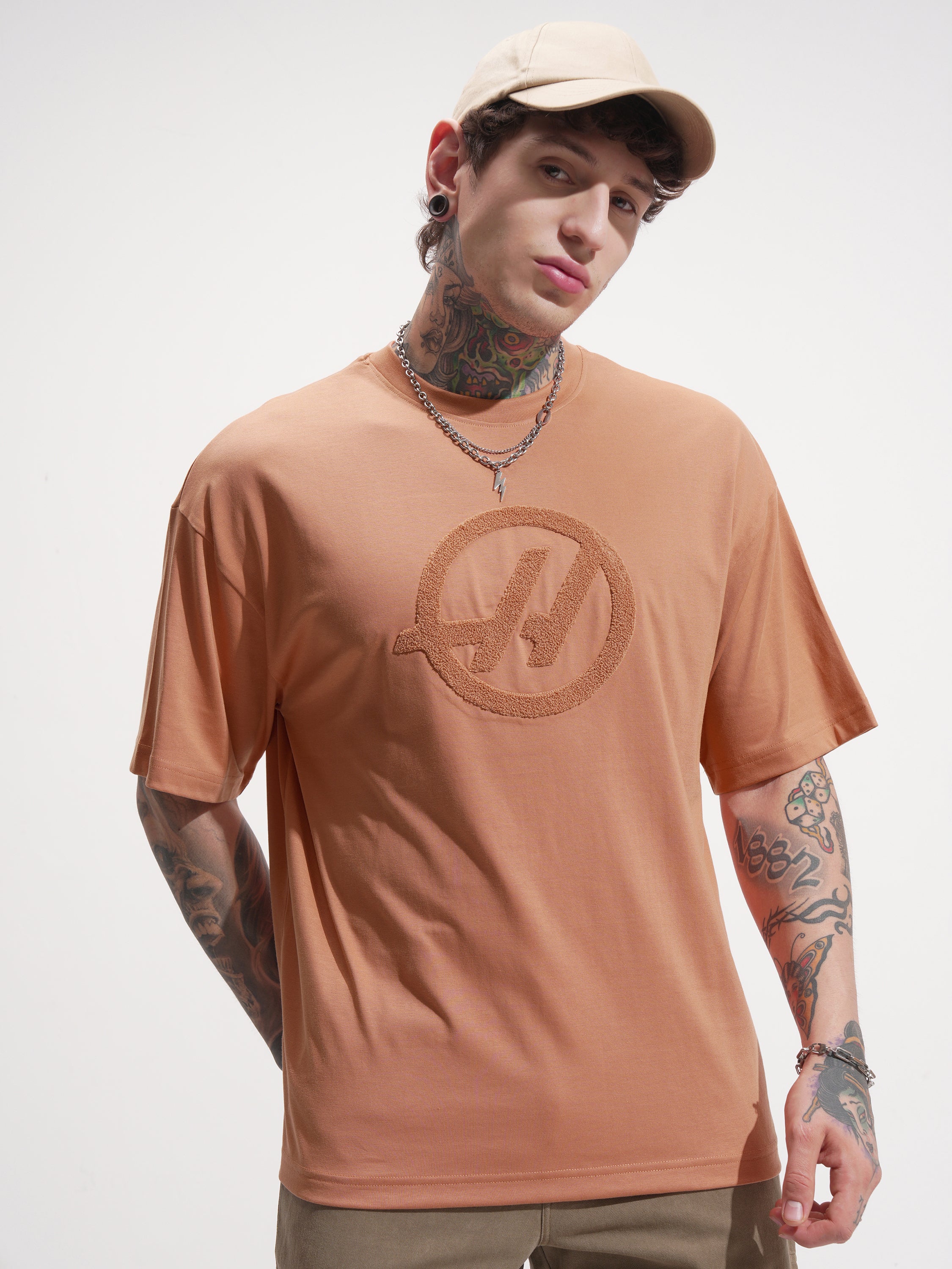 Highlander Men Rust Self Design Round Neck Oversized Fit T-Shirt - Rust - Image 4