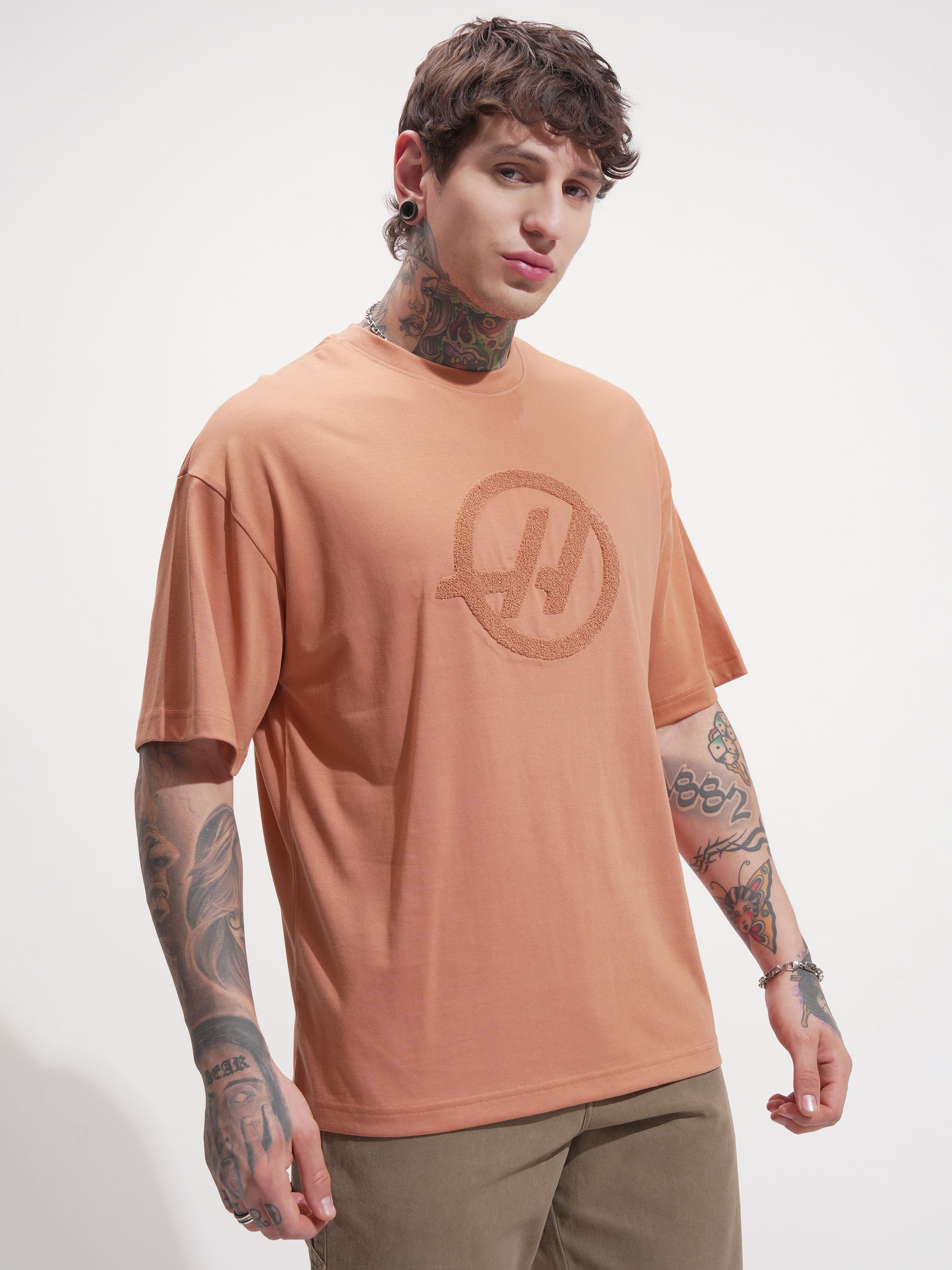 Highlander Men Rust Self Design Round Neck Oversized Fit T-Shirt - Rust - Image 6