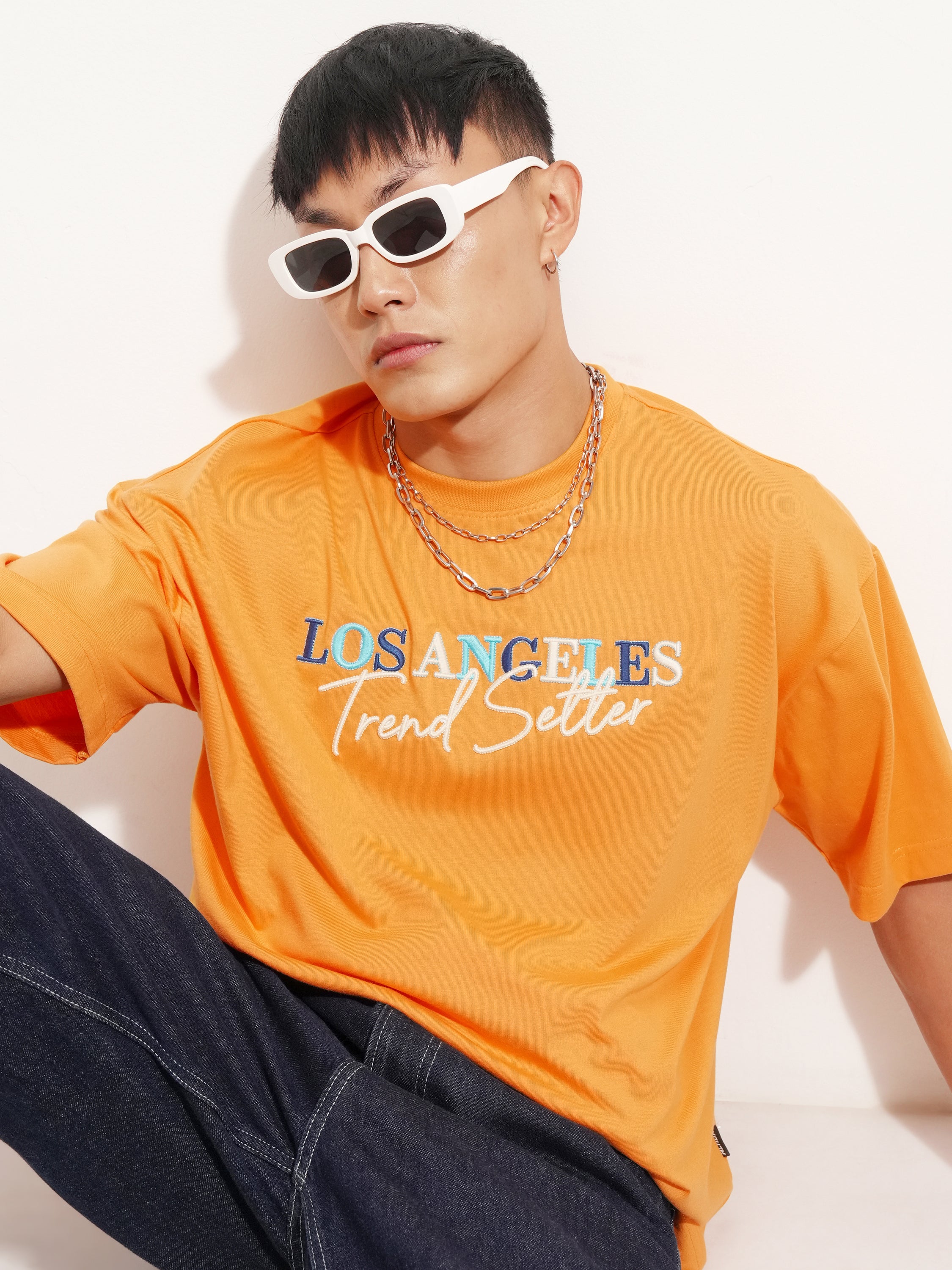 Highlander Men Orange Self Design Round Neck Oversized Fit T-Shirt - Orange - Image 1