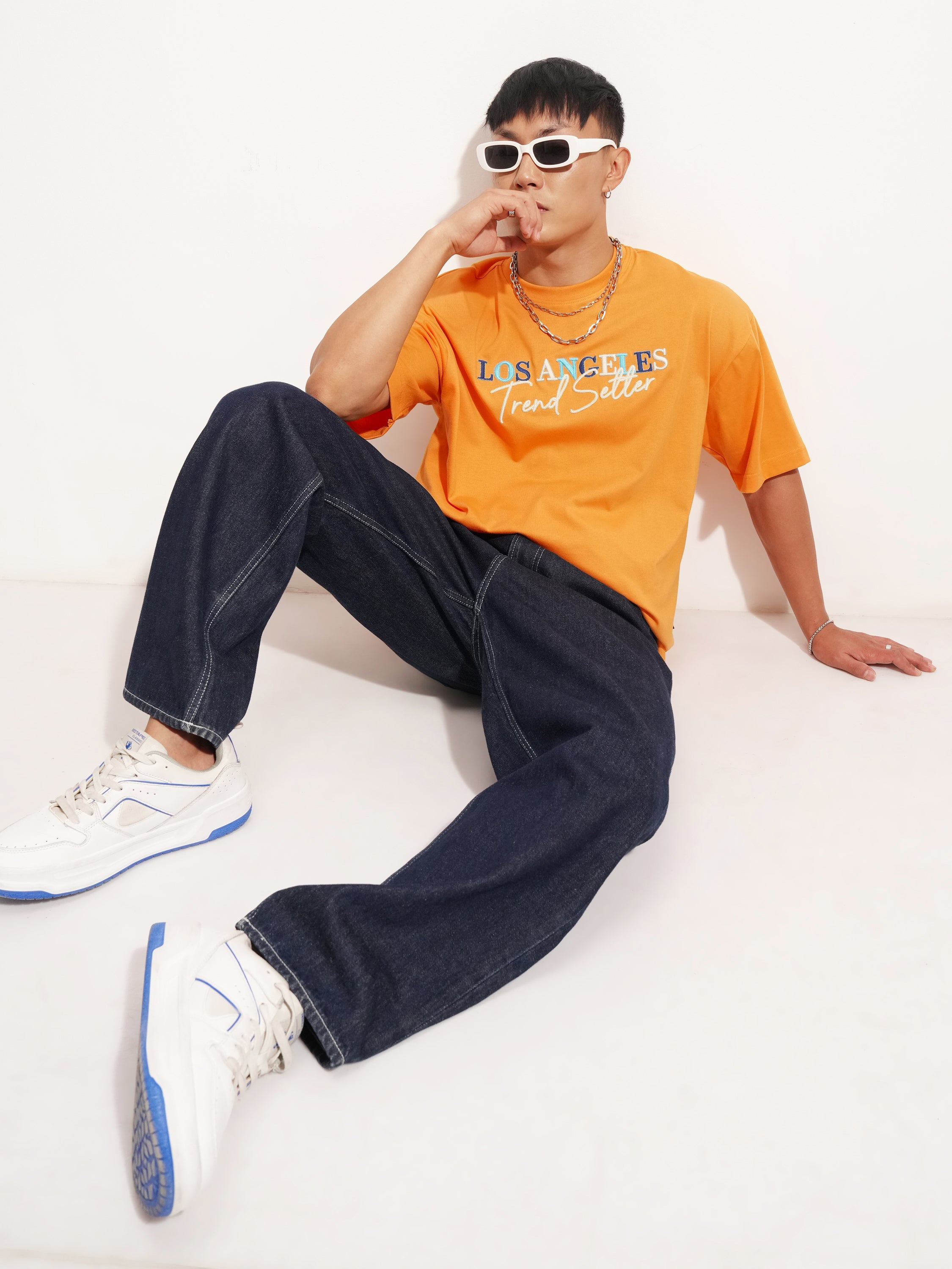 Highlander Men Orange Self Design Round Neck Oversized Fit T-Shirt - Orange - Image 2