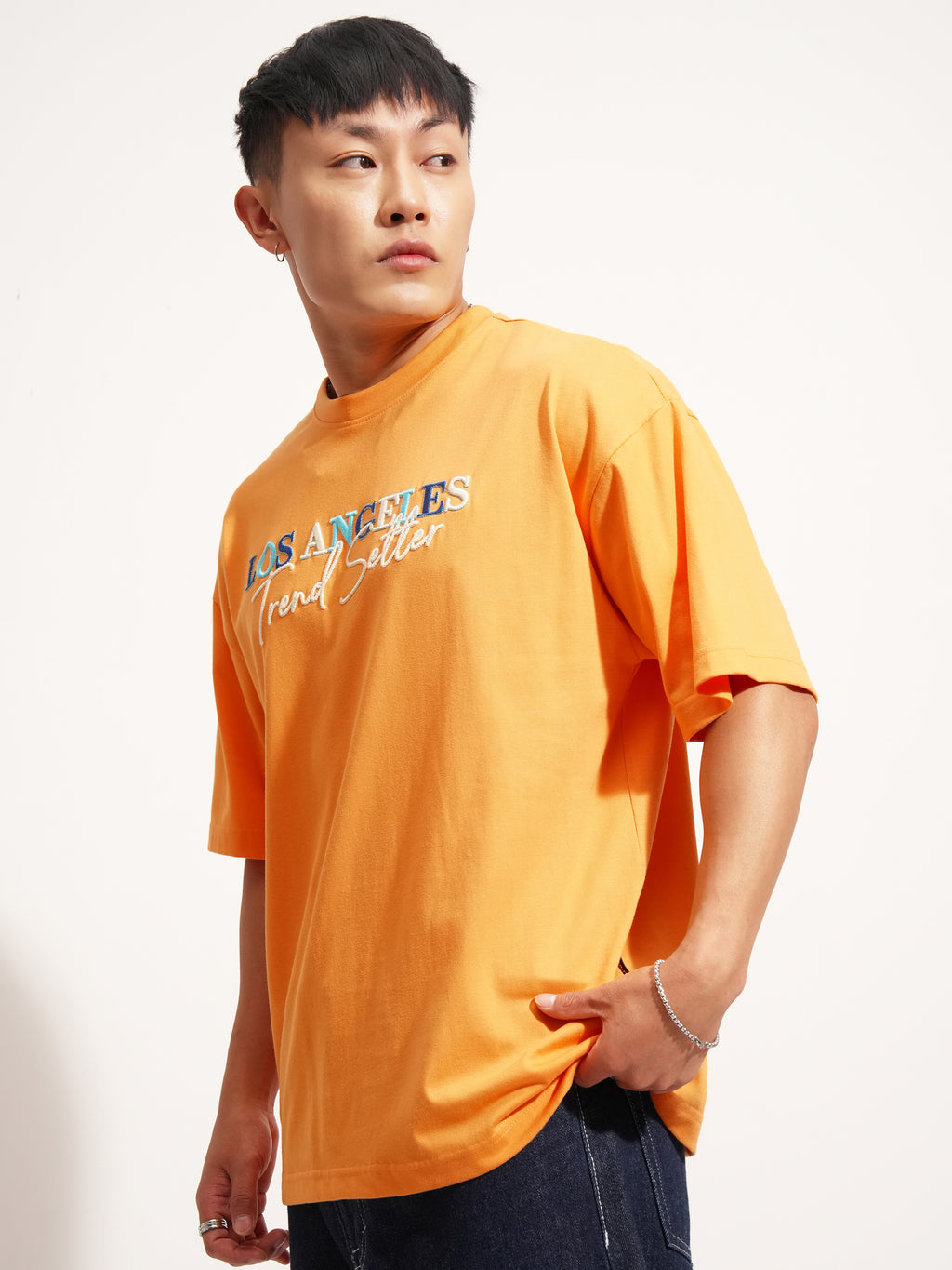 Highlander Men Orange Self Design Round Neck Oversized Fit T-Shirt - Orange - Image 4