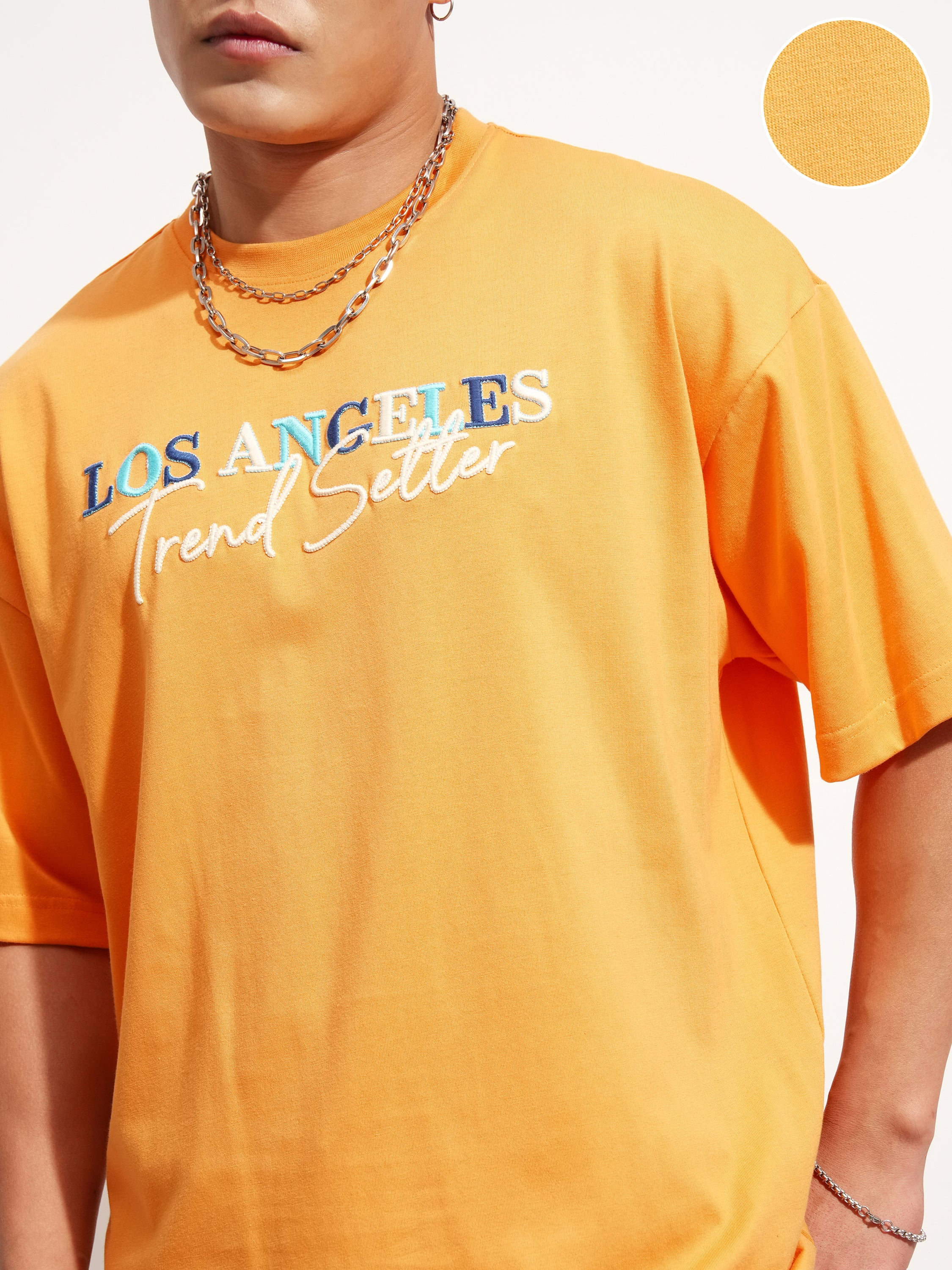 Highlander Men Orange Self Design Round Neck Oversized Fit T-Shirt - Orange - Image 5