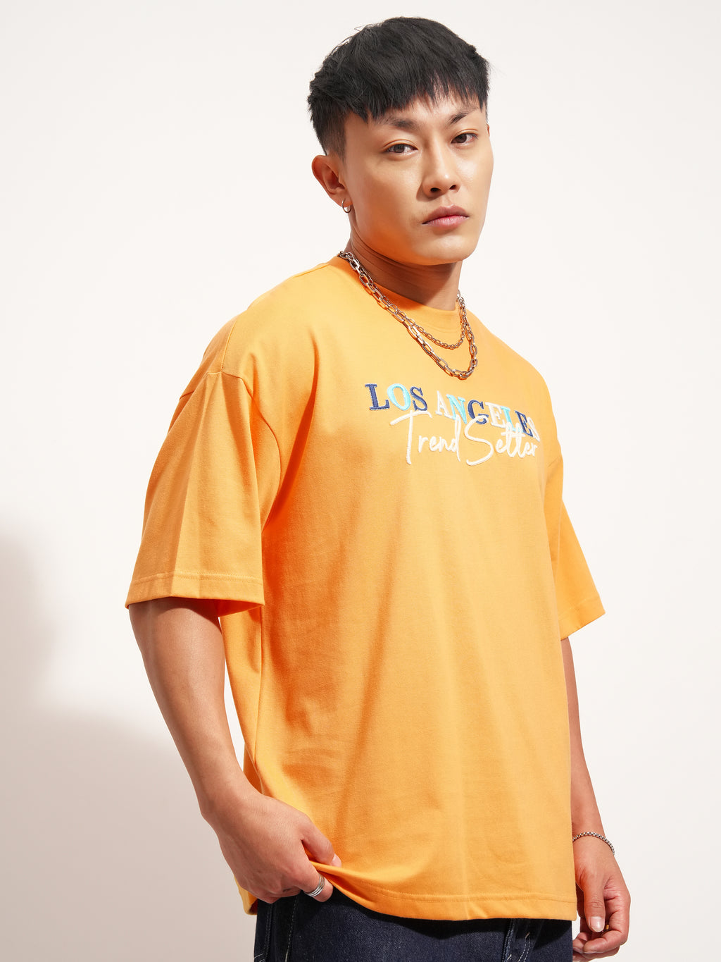Highlander Men Orange Self Design Round Neck Oversized Fit T-Shirt - Orange - Image 6