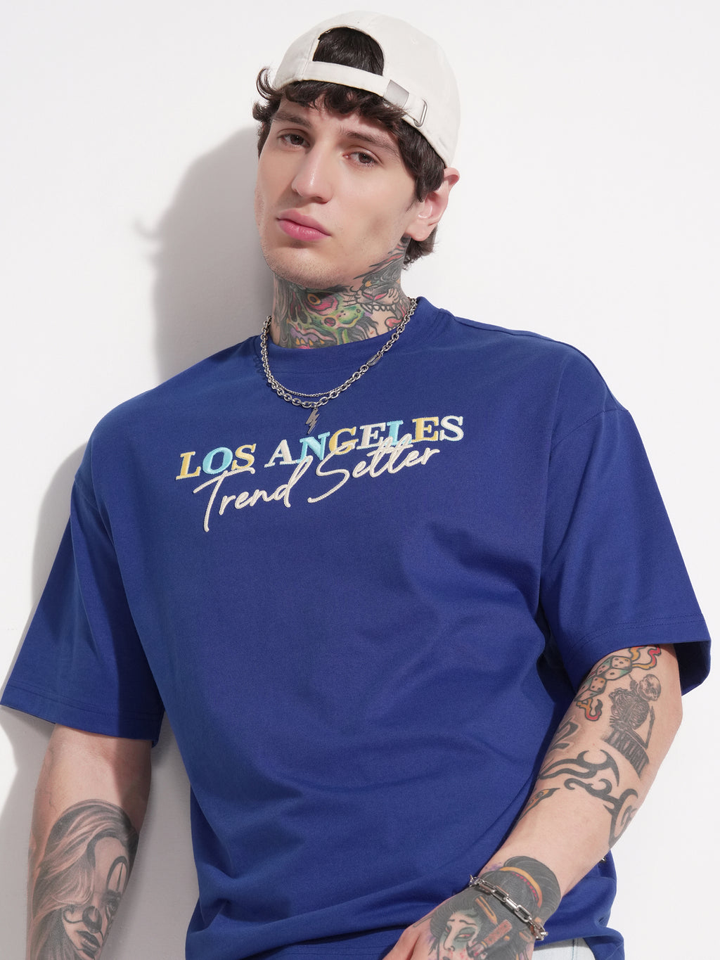 Highlander Men Blue Printed Round Neck Oversized Fit T-Shirt - Blue - Image 1