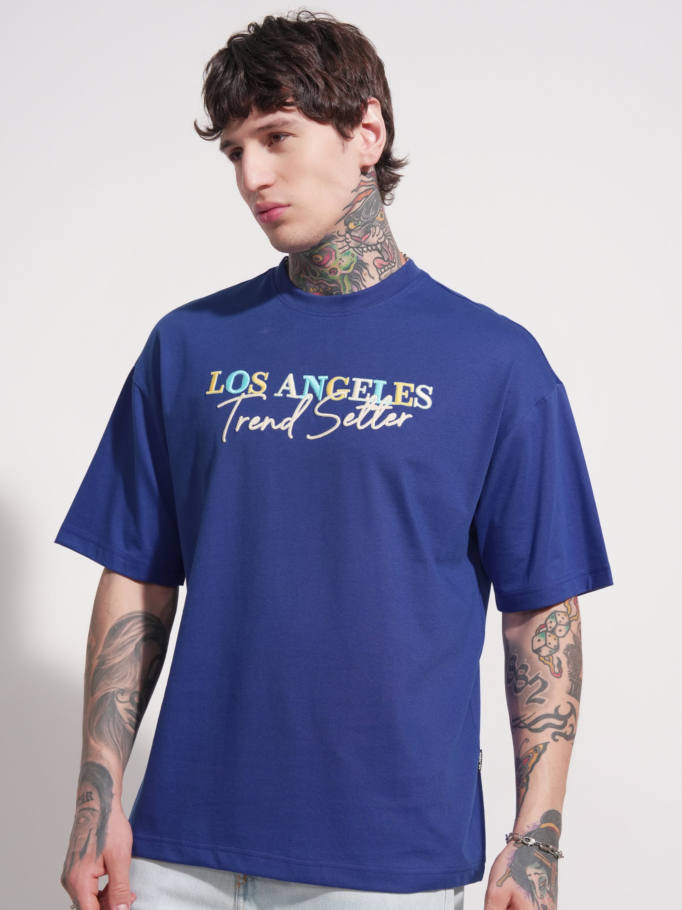 Highlander Men Blue Printed Round Neck Oversized Fit T-Shirt - Blue - Image 4
