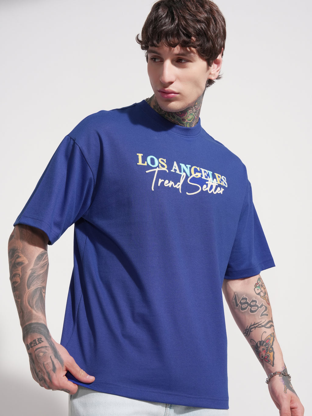 Highlander Men Blue Printed Round Neck Oversized Fit T-Shirt - Blue - Image 6