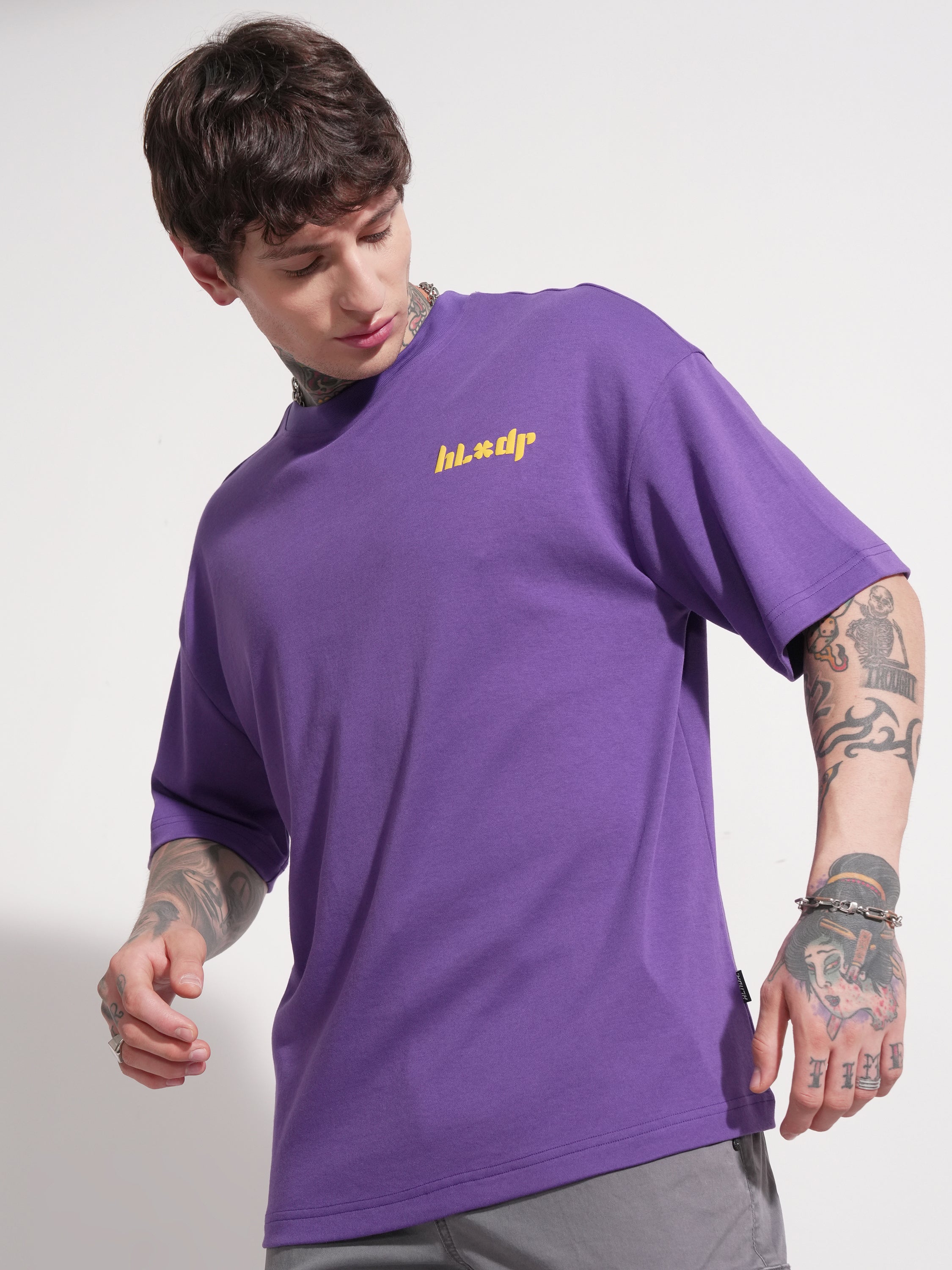 Highlander Men Purple Printed Round Neck Oversized Fit T-Shirt - Purple - Image 4