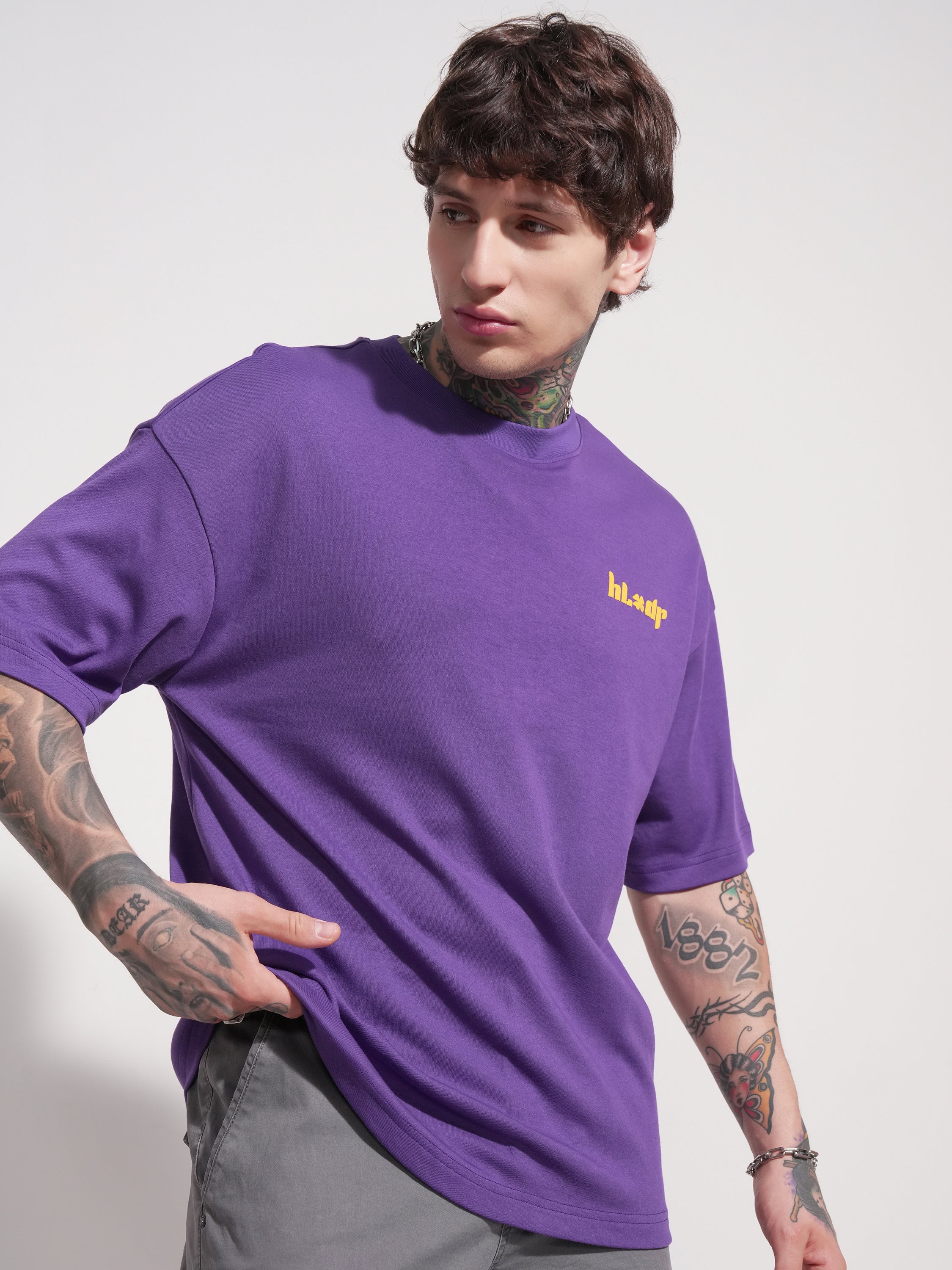 Highlander Men Purple Printed Round Neck Oversized Fit T-Shirt - Purple - Image 6