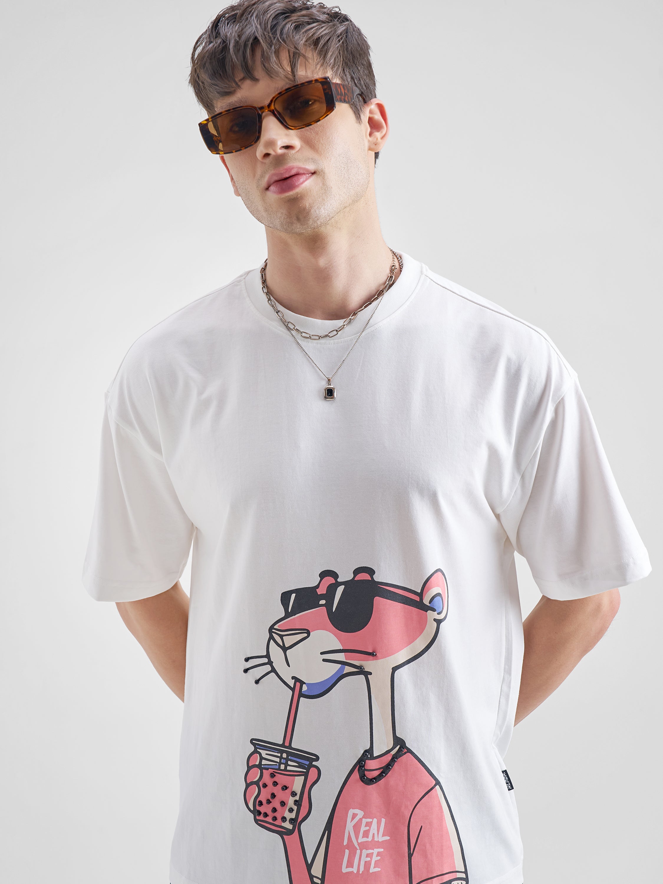Highlander Men White Printed Round Neck Oversized Fit T-Shirt - White - Image 1