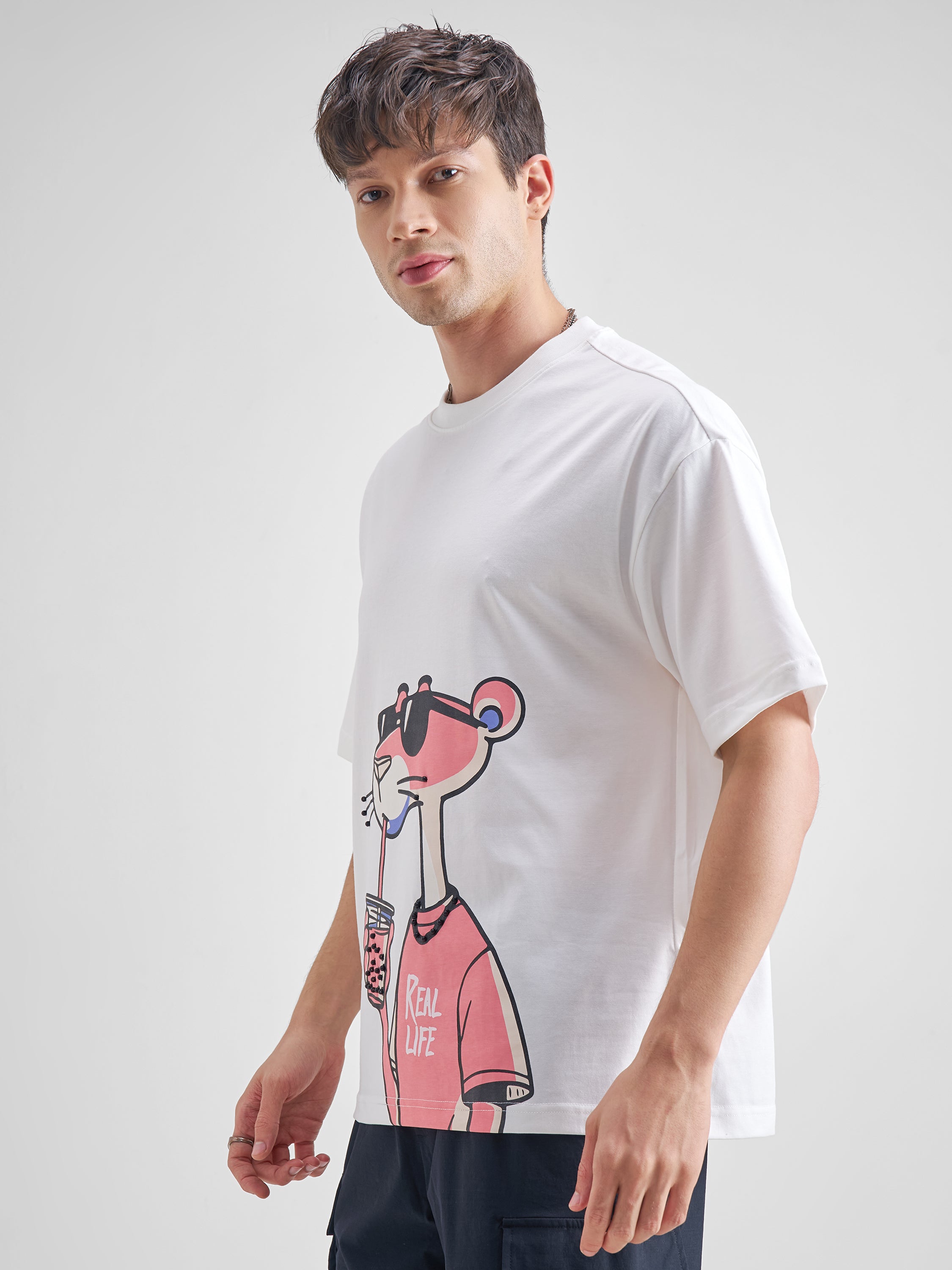 Highlander Men White Printed Round Neck Oversized Fit T-Shirt - White - Image 4