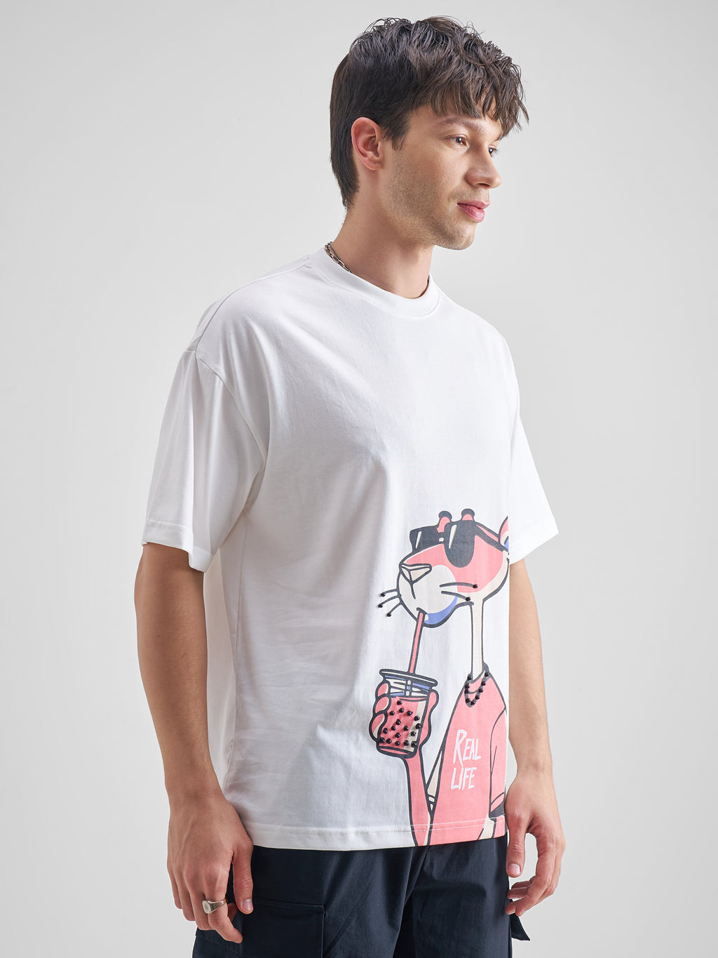 Highlander Men White Printed Round Neck Oversized Fit T-Shirt - White - Image 6