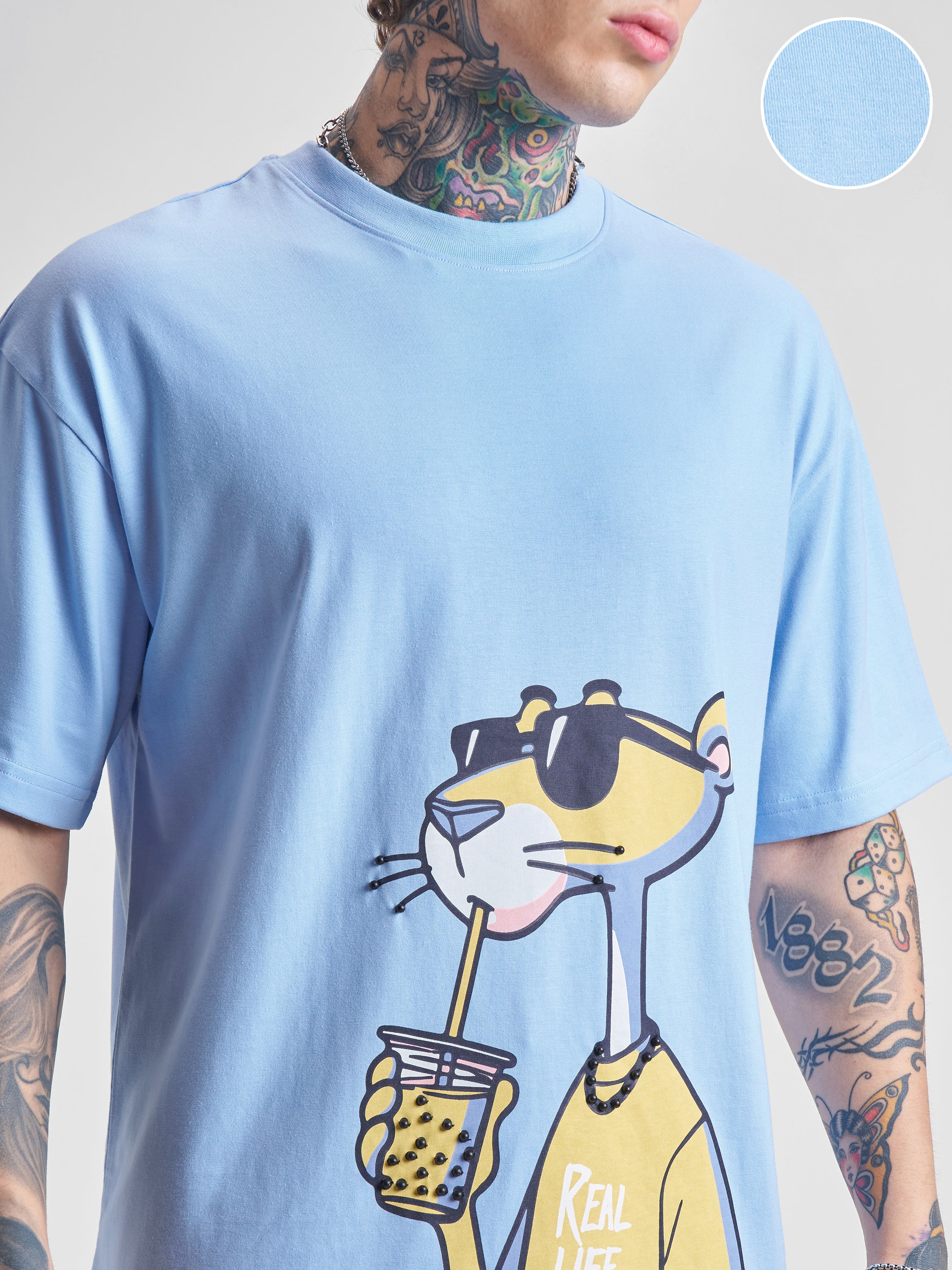 Highlander Men Blue Printed Round Neck Oversized Fit T-Shirt - Blue - Image 5