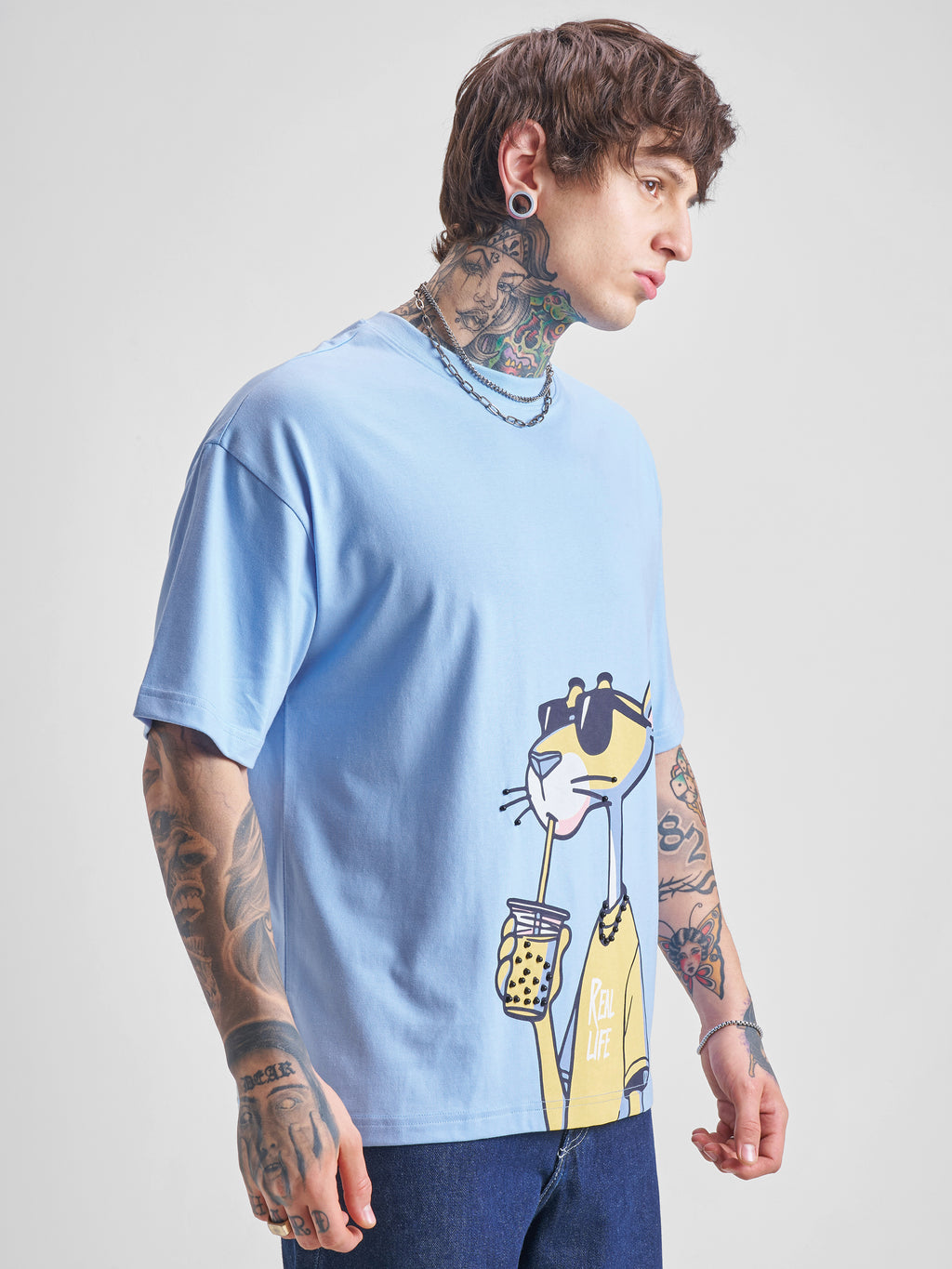 Highlander Men Blue Printed Round Neck Oversized Fit T-Shirt - Blue - Image 6