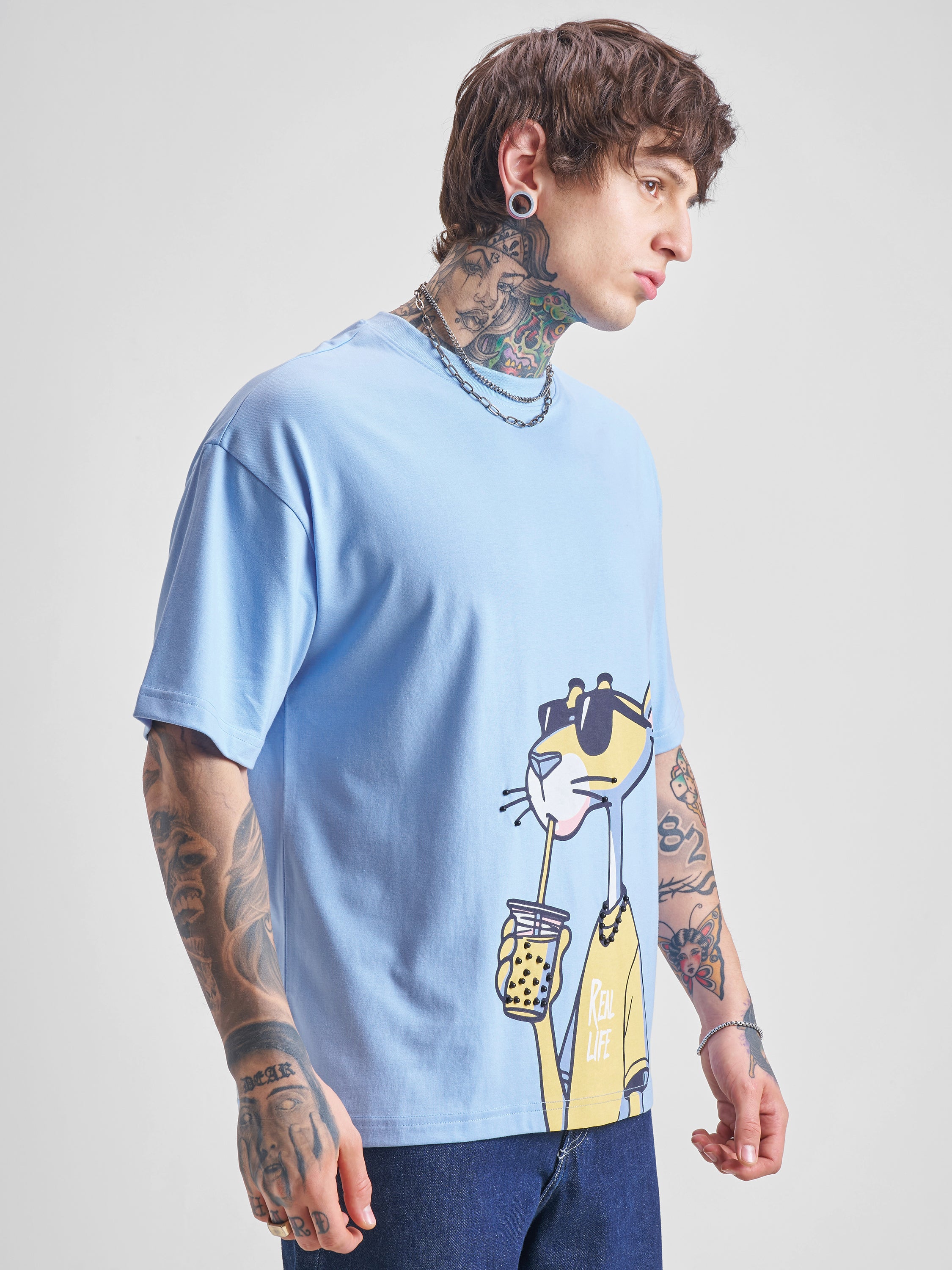 Highlander Men Blue Printed Round Neck Oversized Fit T-Shirt - Blue - Image 6