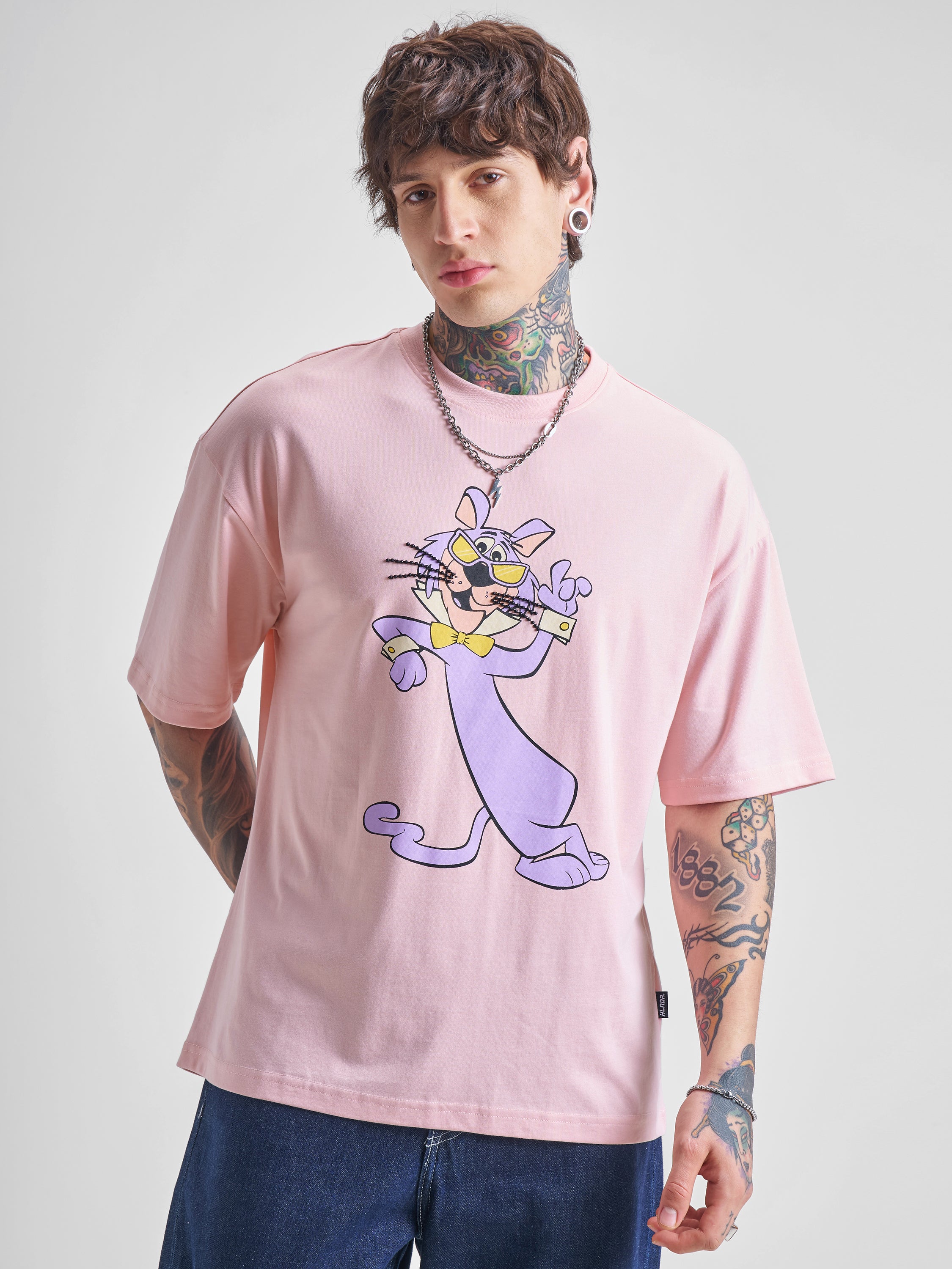Highlander Men Pink Printed Round Neck Oversized Fit T-Shirt - Pink - Image 1