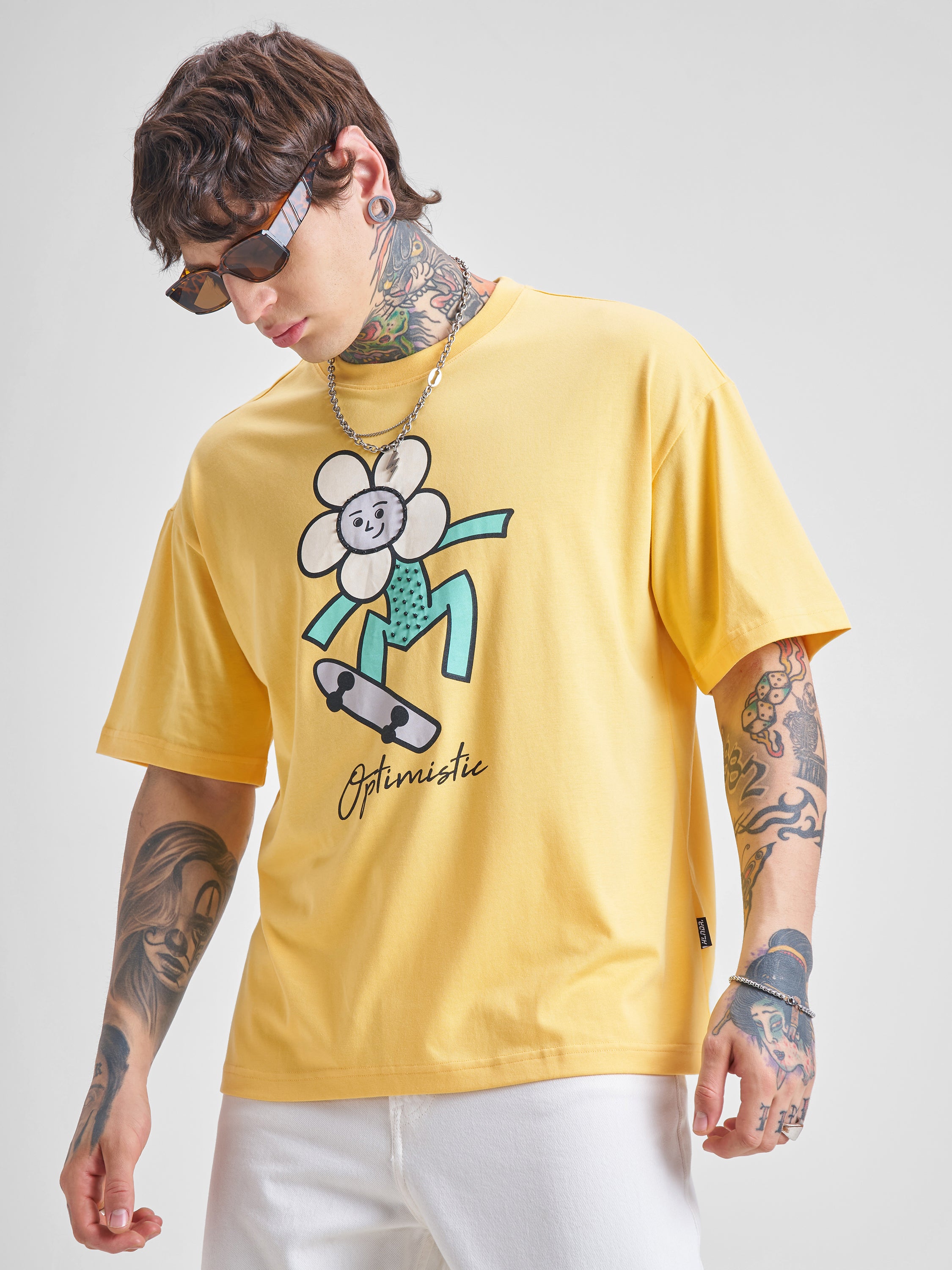 Highlander Men Yellow Printed Round Neck Oversized Fit T-Shirt - Yellow - Image 1
