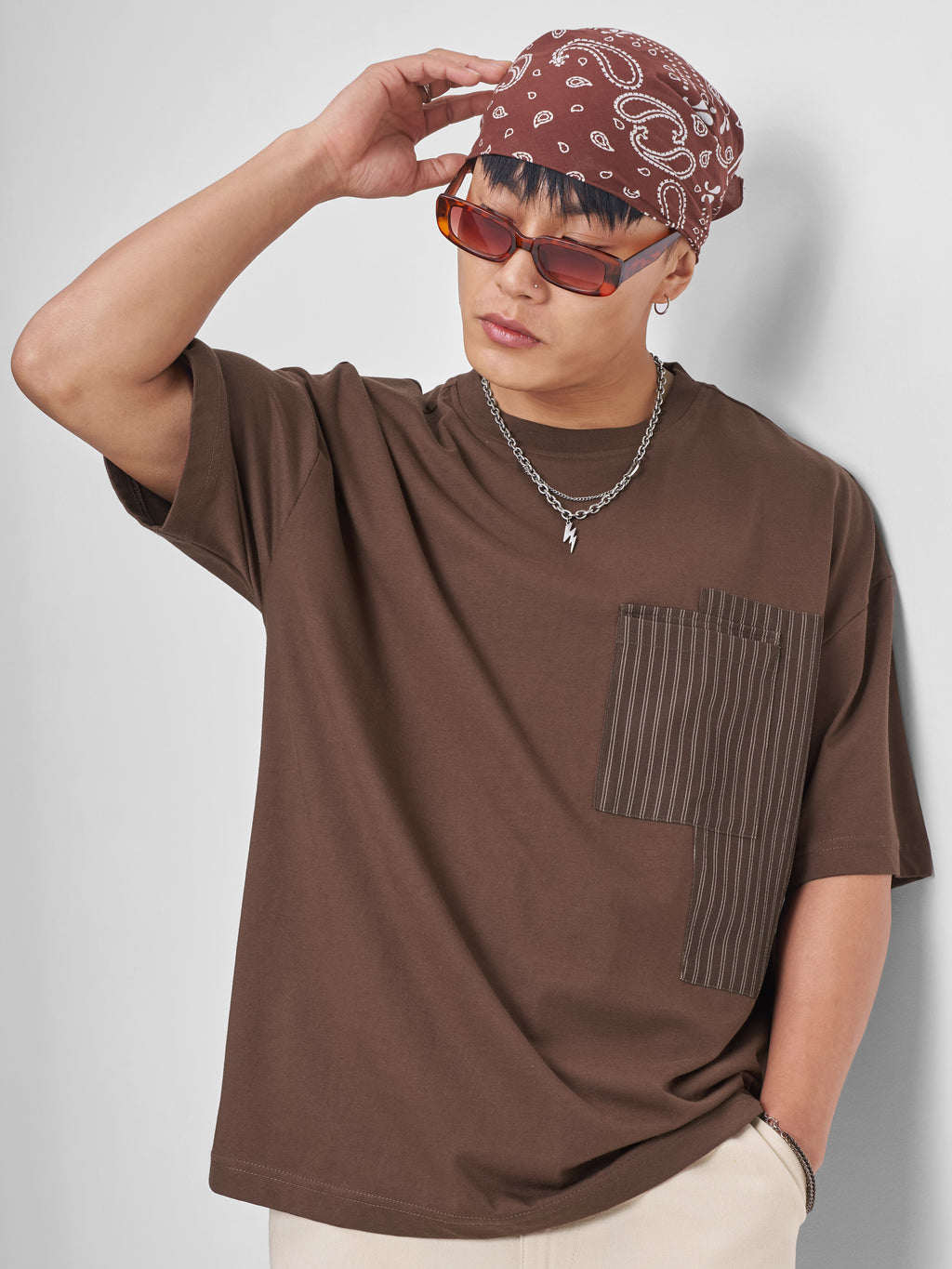 Highlander Men Brown Solid Round Neck Oversized Fit T-Shirt - Brown - Image 1