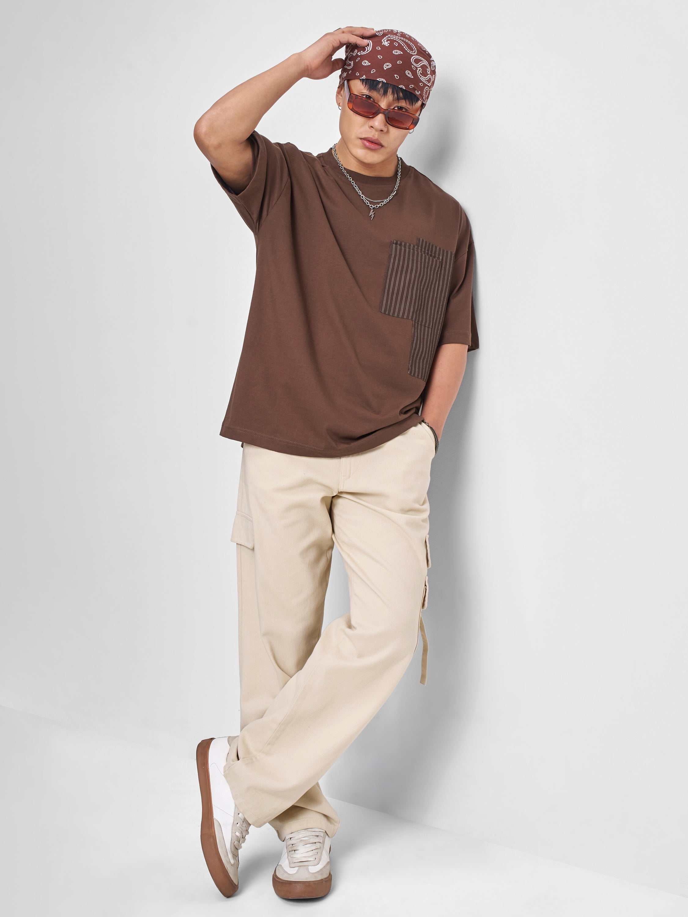 Highlander Men Brown Solid Round Neck Oversized Fit T-Shirt - Brown - Image 2