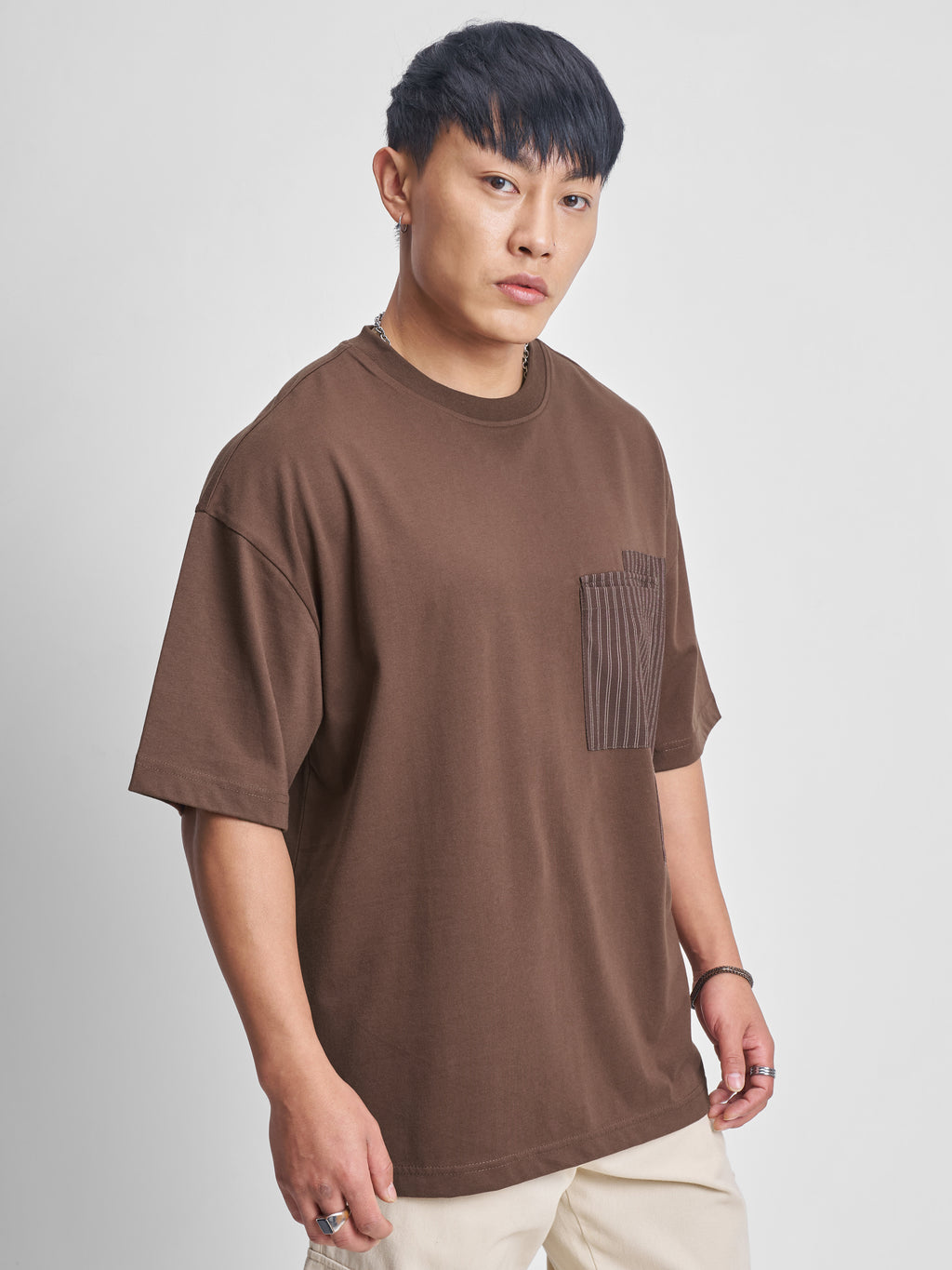 Highlander Men Brown Solid Round Neck Oversized Fit T-Shirt - Brown - Image 6