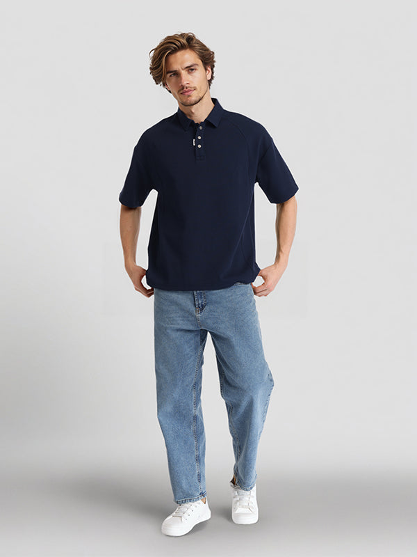 Highlander Men Navy Blue Solid Polo Collar T-Shirt - Navy Blue - Image 2