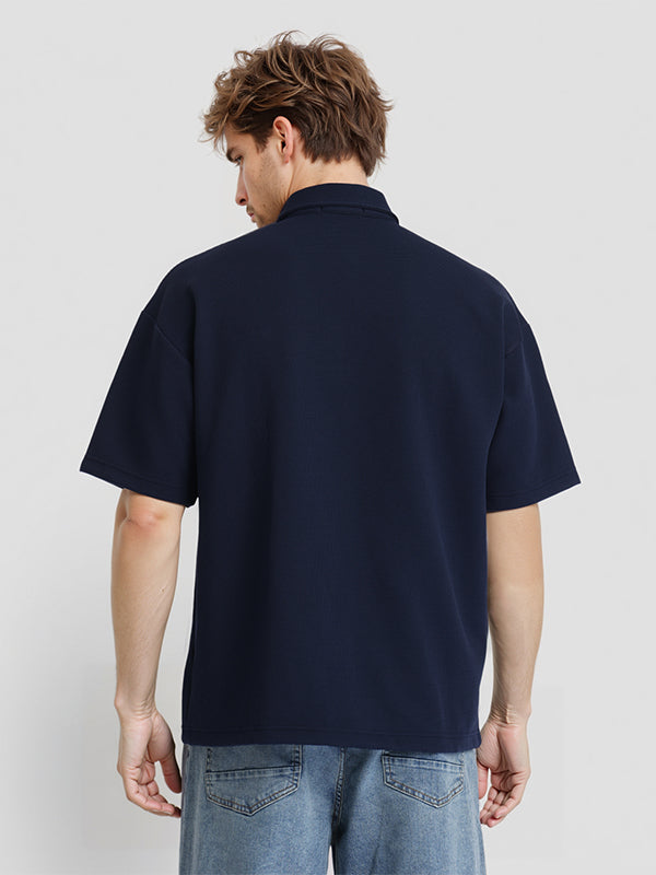 Highlander Men Navy Blue Solid Polo Collar T-Shirt - Navy Blue - Image 3
