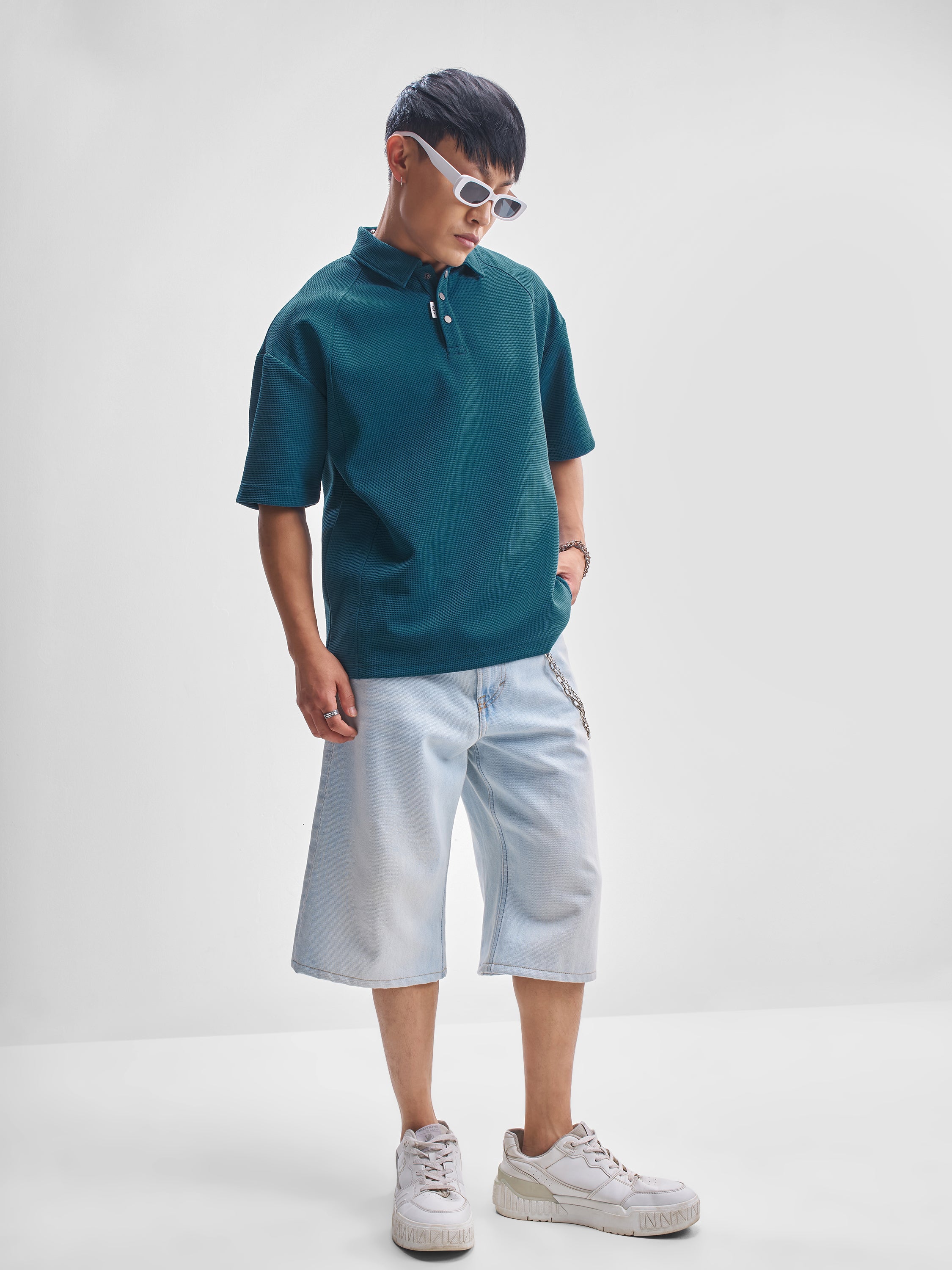 Highlander Men Teal Self Design Polo Collar T-Shirt - Teal - Image 2