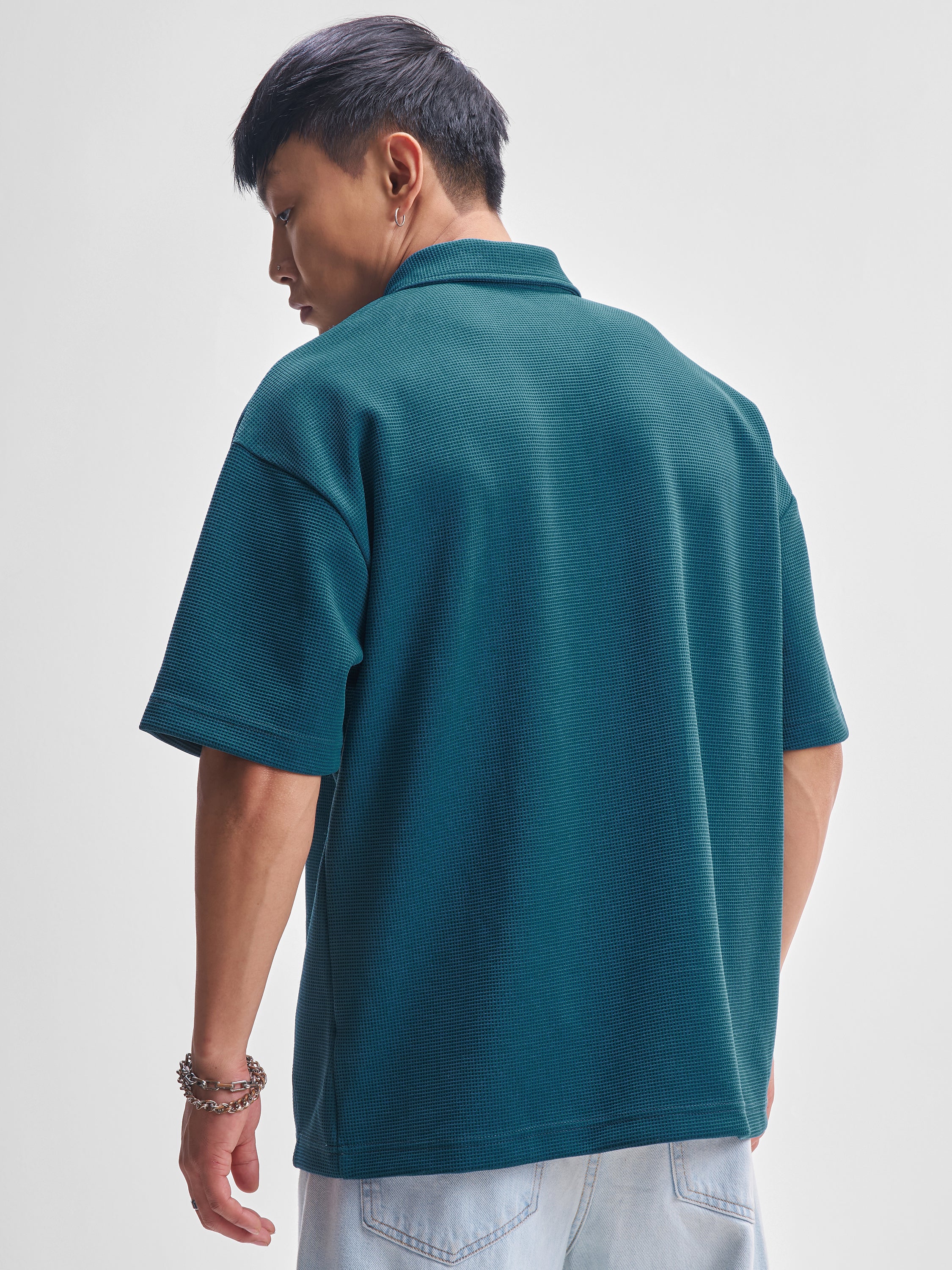 Highlander Men Teal Self Design Polo Collar T-Shirt - Teal - Image 3
