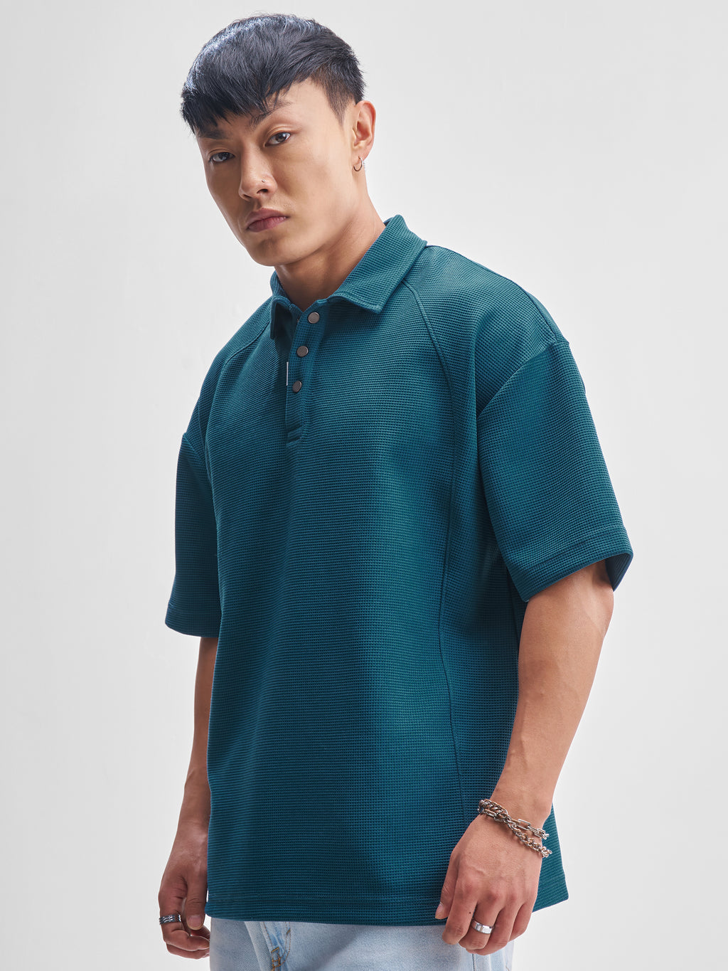 Highlander Men Teal Self Design Polo Collar T-Shirt - Teal - Image 4
