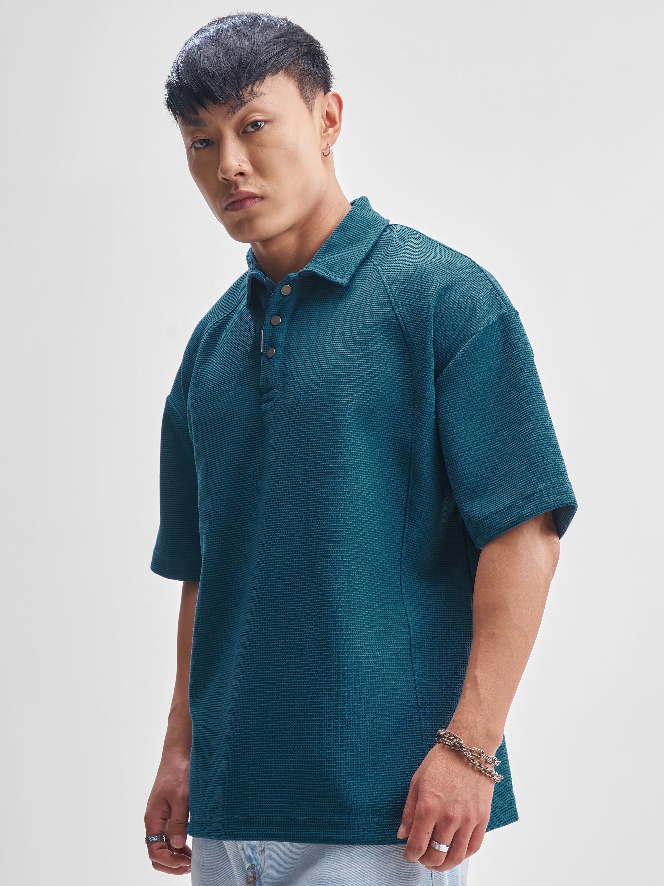 Highlander Men Teal Self Design Polo Collar T-Shirt - Teal - Image 4