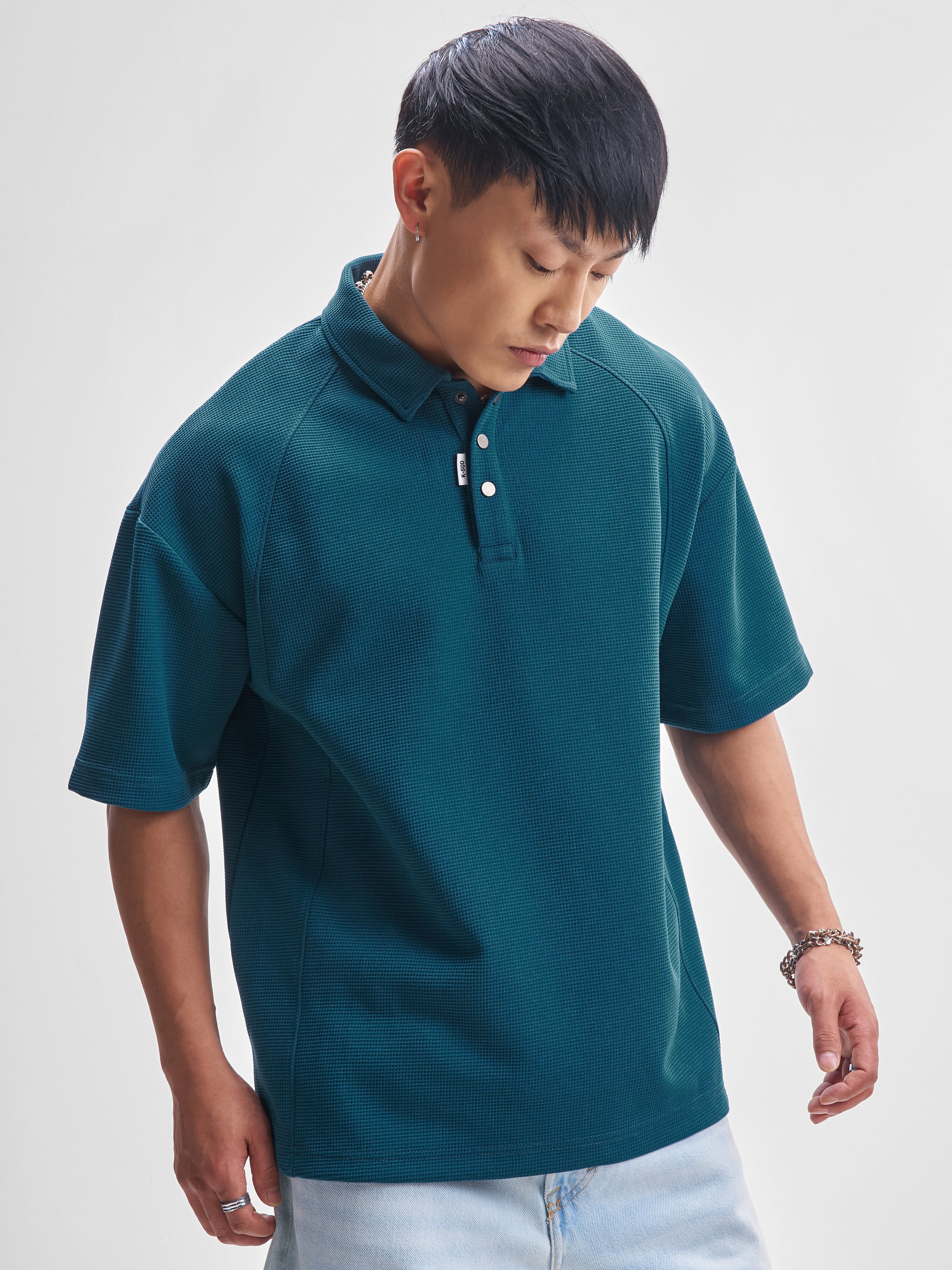 Highlander Men Teal Self Design Polo Collar T-Shirt - Teal - Image 6