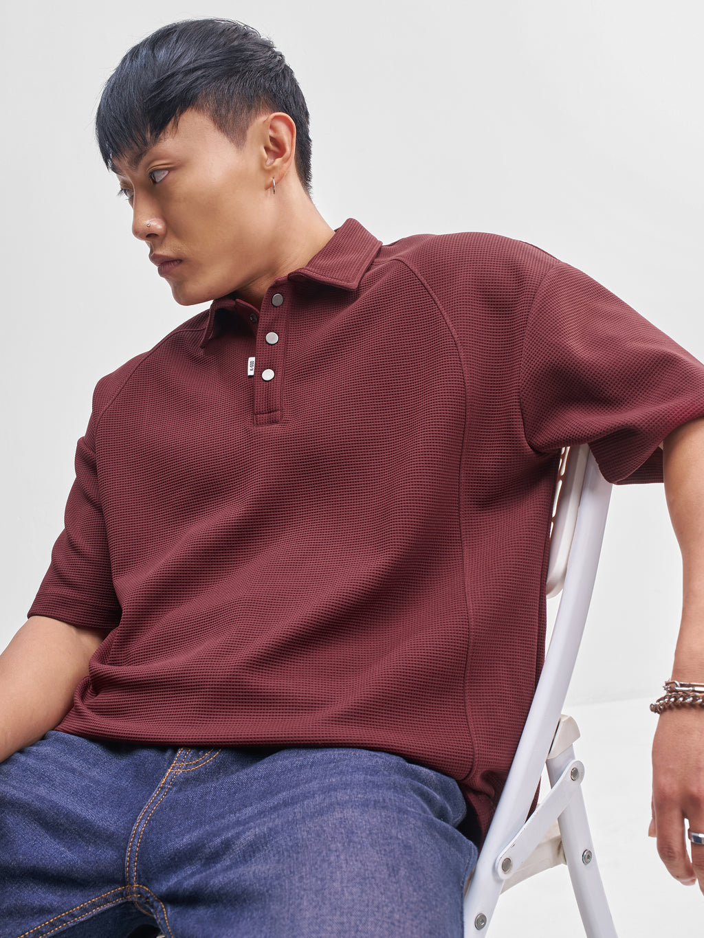 Highlander Men Maroon Self Design Polo Collar T-Shirt - Maroon - Image 1