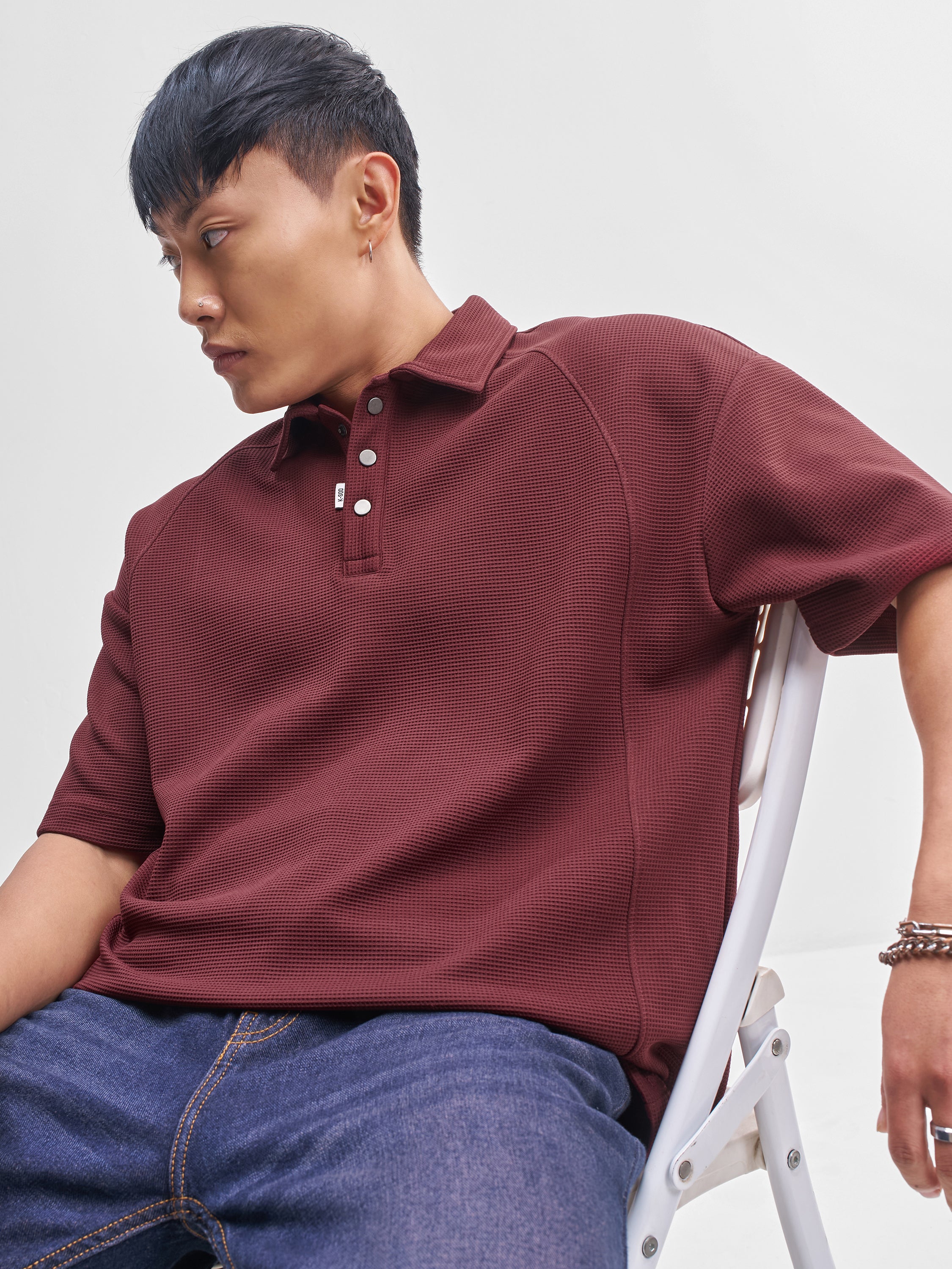 Highlander Men Maroon Self Design Polo Collar T-Shirt - Maroon - Image 1