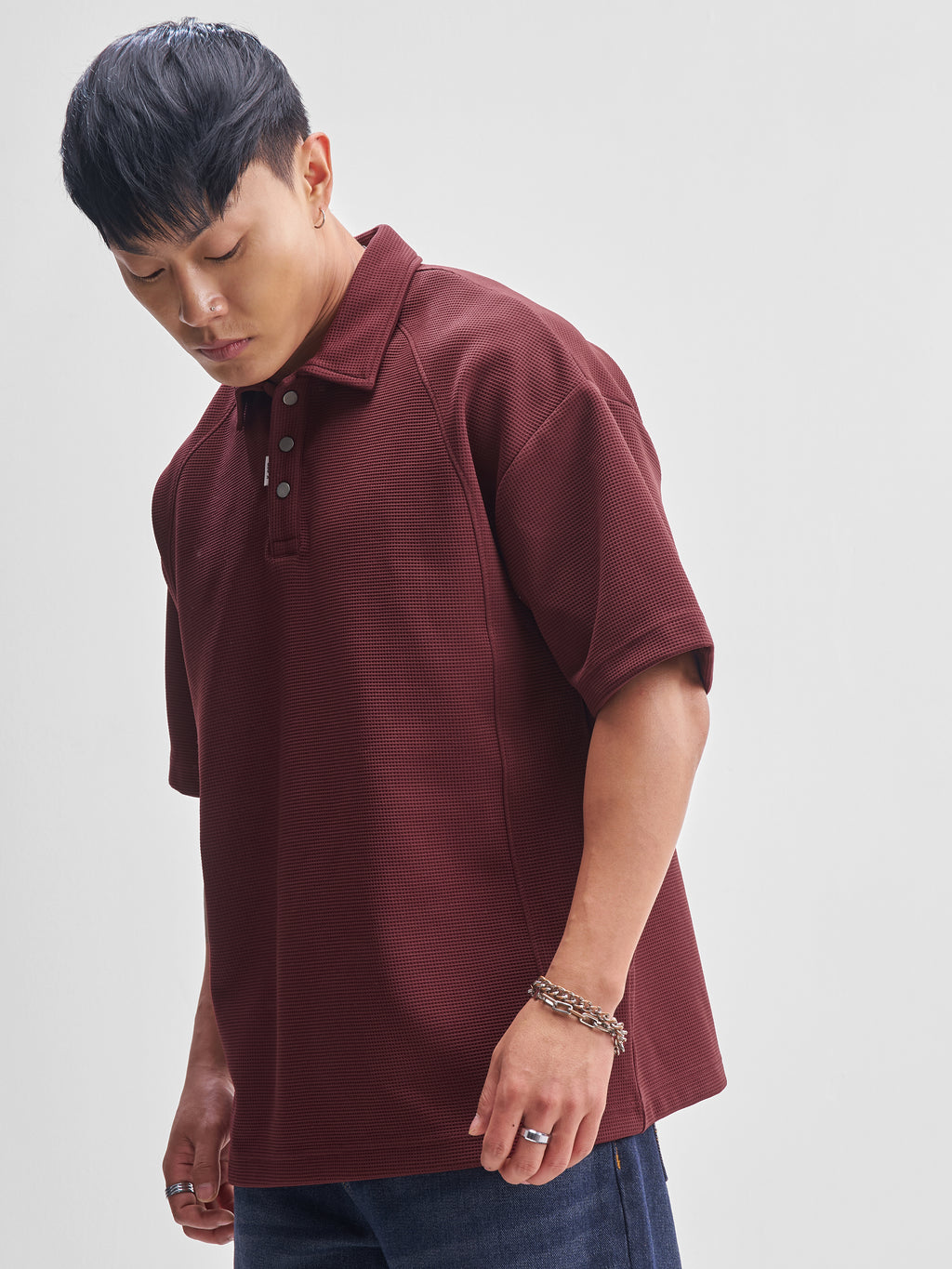 Highlander Men Maroon Self Design Polo Collar T-Shirt - Maroon - Image 4