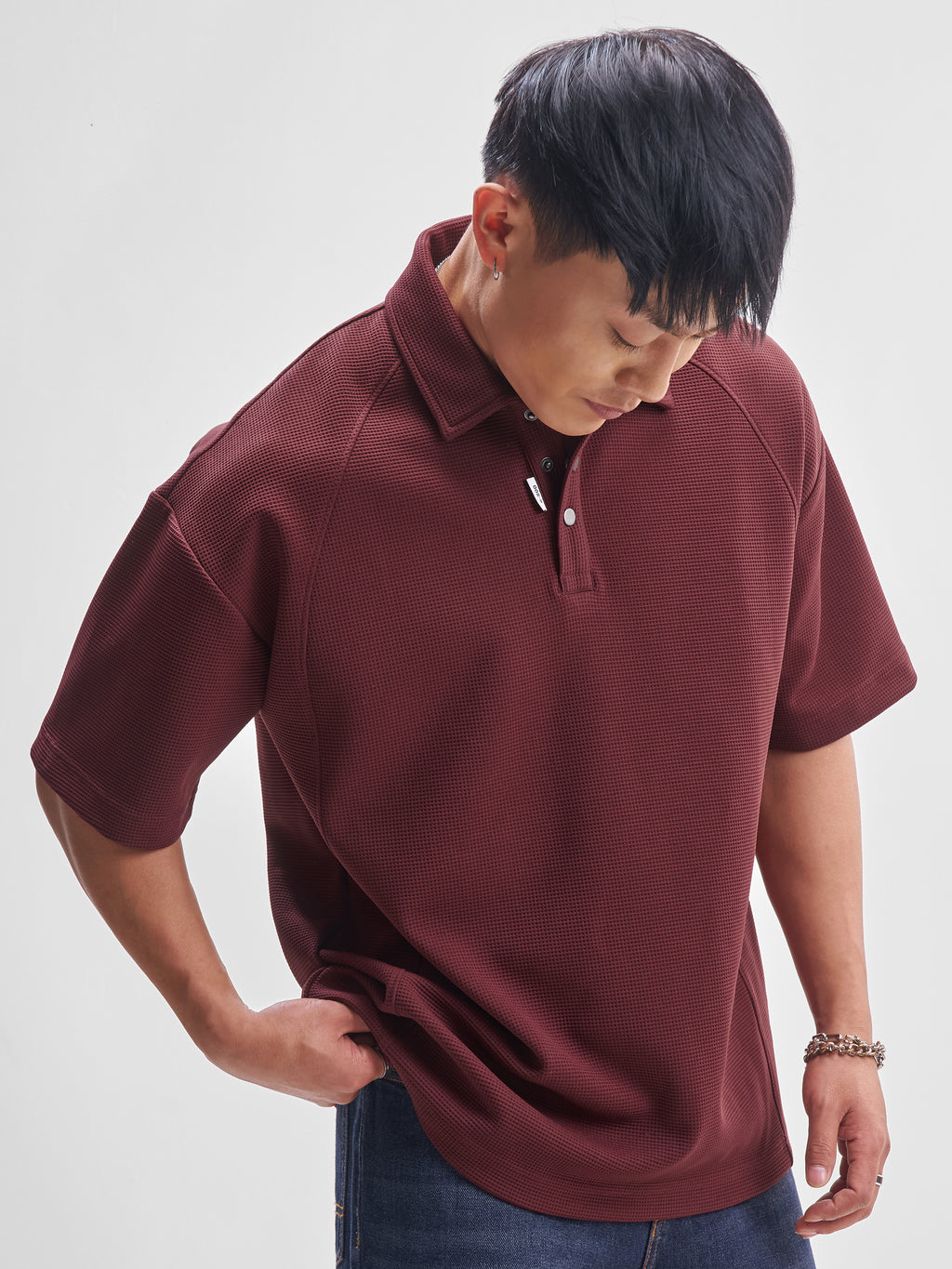 Highlander Men Maroon Self Design Polo Collar T-Shirt - Maroon - Image 6