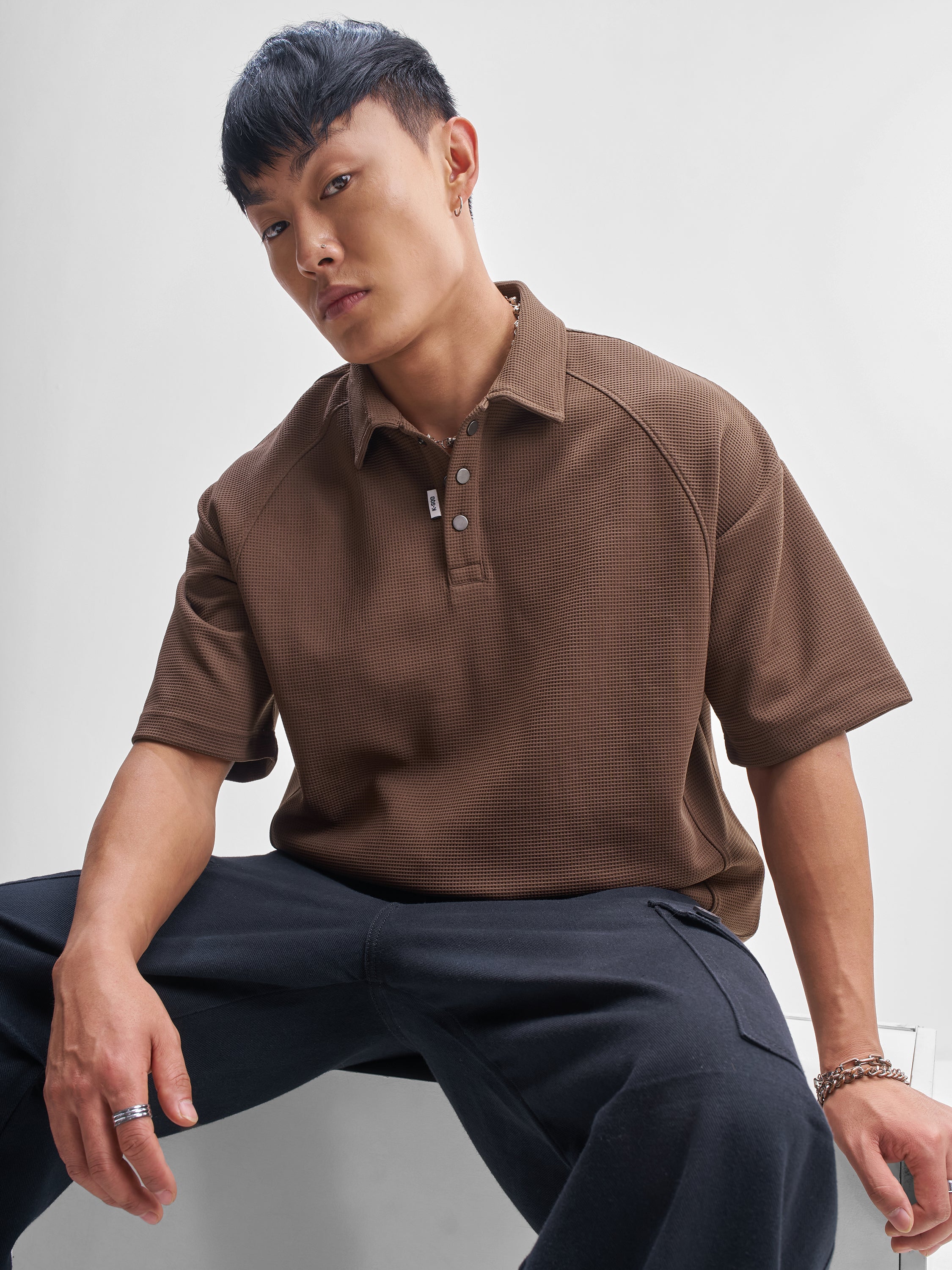 Highlander Men Brown Self Design Polo Collar T-Shirt - Brown - Image 1