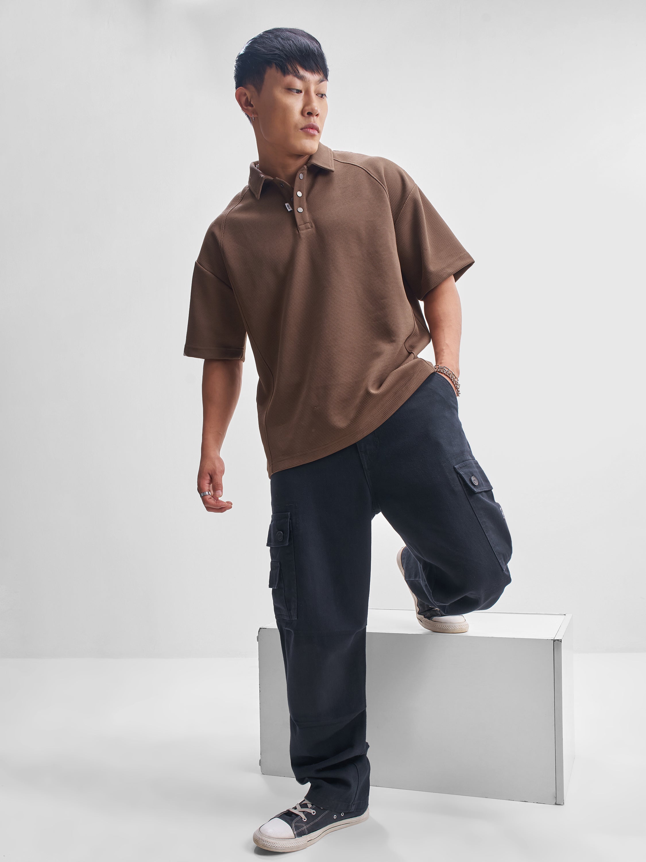 Highlander Men Brown Self Design Polo Collar T-Shirt - Brown - Image 2