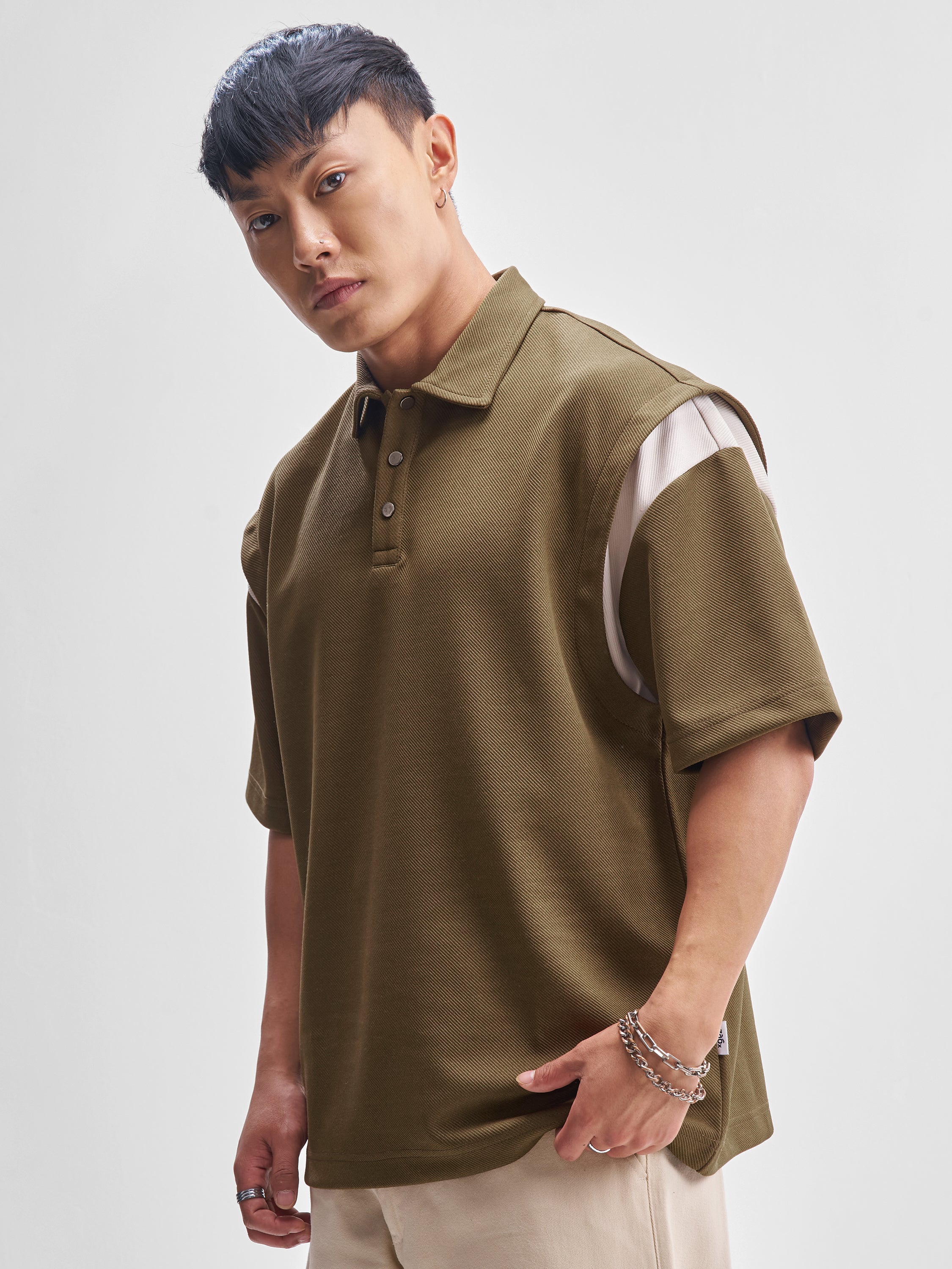 Highlander Men Brown Self Design Polo Collar T-Shirt - Brown - Image 4