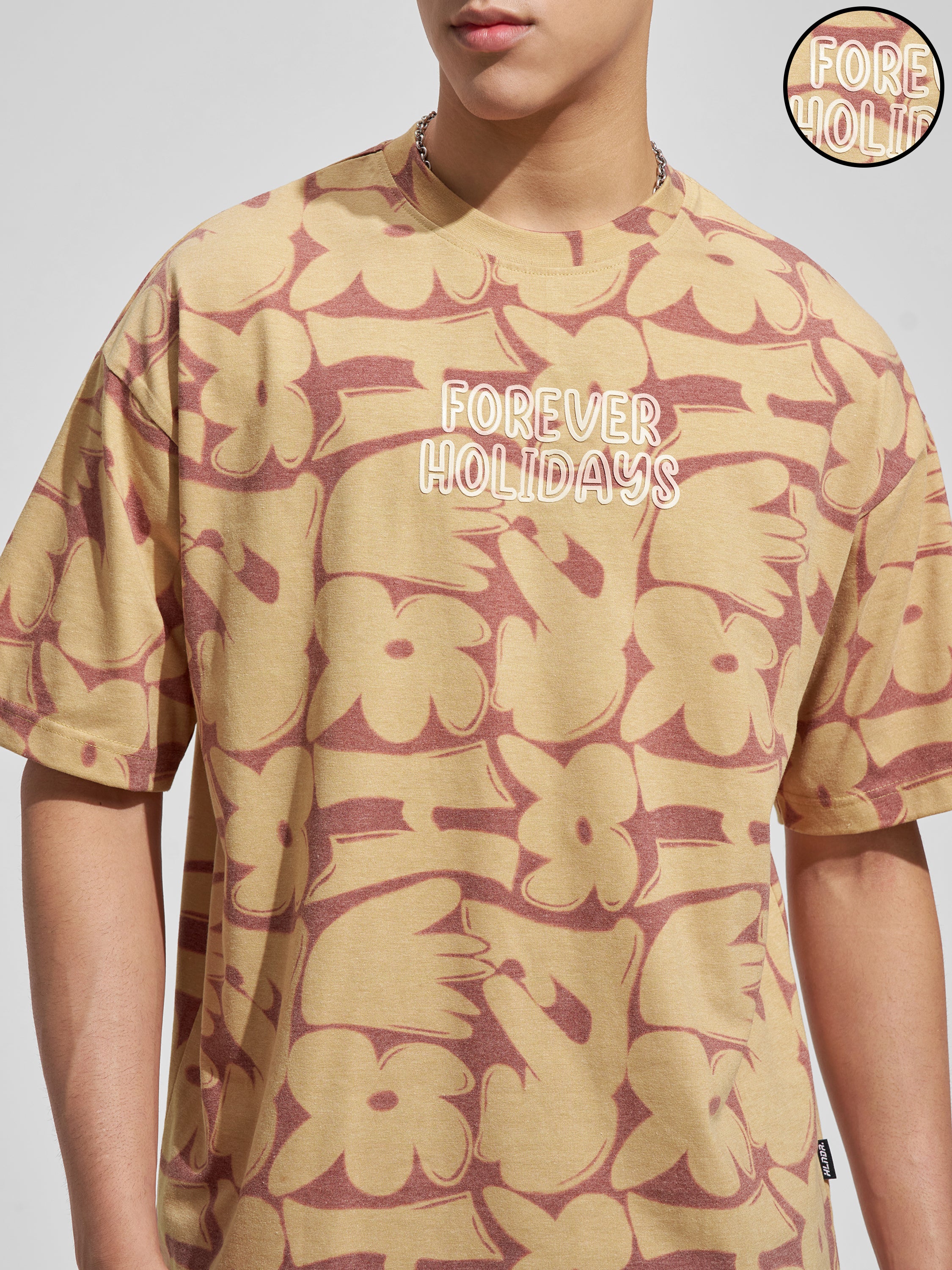 Highlander Men Brown Printed Round Neck Oversized Fit T-Shirt